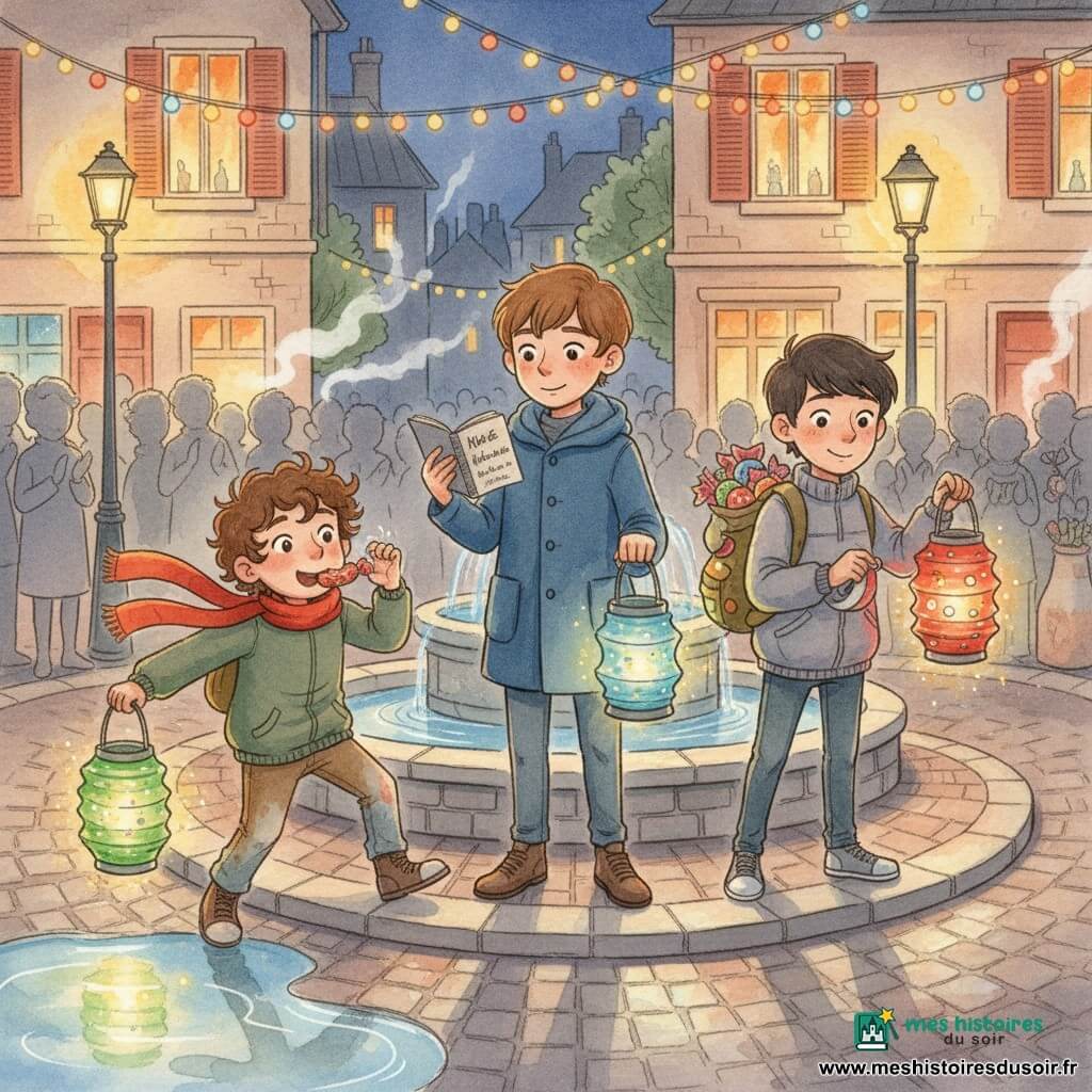 Quatre garçons de 11 ans — Noé, cheveux châtain courts, manteau bleu marine, carnet de poésie à la main et lanterne bleue allumée, debout sur le muret de la fontaine ; Léo, cheveux bruns bouclés, écharpe rouge au vent, pantalon mouillé, vient de sauver de façon héroïque une lanterne verte cabossée qui allait tomber dans une flaque ; Milo, cheveux blonds en bataille, sac à dos plein de bonbons, lanterne jaune décorée et bouche pleine d’un bonbon ; Samir, cheveux noirs courts, veste grise, tient un rouleau de scotch et resserre la poignée d’une lanterne rouge, légèrement derrière Noé — sur une petite place de quartier la nuit aux pavés humides réfléchissant les lampadaires orangés, fontaine centrale, fenêtres éclairées et guirlandes, atmosphère hivernale avec vapeur de chocolat chaud, textures aquarelle et papier visibles, petites LED scintillantes dans les lanternes et foule en arrière-plan applaudissant.