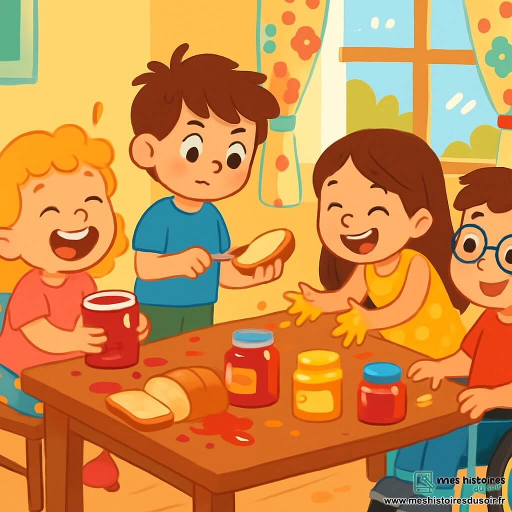 Quatre enfants sont présents : Léa, 5 ans, cheveux bouclés blonds, t-shirt rose et short à fleurs, assise sur une chaise, riant et tenant un pot de confiture ; Tom, 6 ans, cheveux bruns en bataille, t-shirt bleu et pantalon vert, debout avec un morceau de pain et un couteau ; Zoé, 7 ans, cheveux longs bruns, robe jaune à pois, penchée en avant, riant avec les mains pleines de miel ; et Hugo, 8 ans, cheveux châtains, lunettes, t-shirt rouge et jean, assis dans un fauteuil roulant, souriant en observant ses amis. Ils se trouvent dans une cuisine colorée avec des murs jaunes et une table en bois couverte de pots de confiture, miel et pain. Les enfants préparent leur goûter, créant un moment joyeux et chaotique.