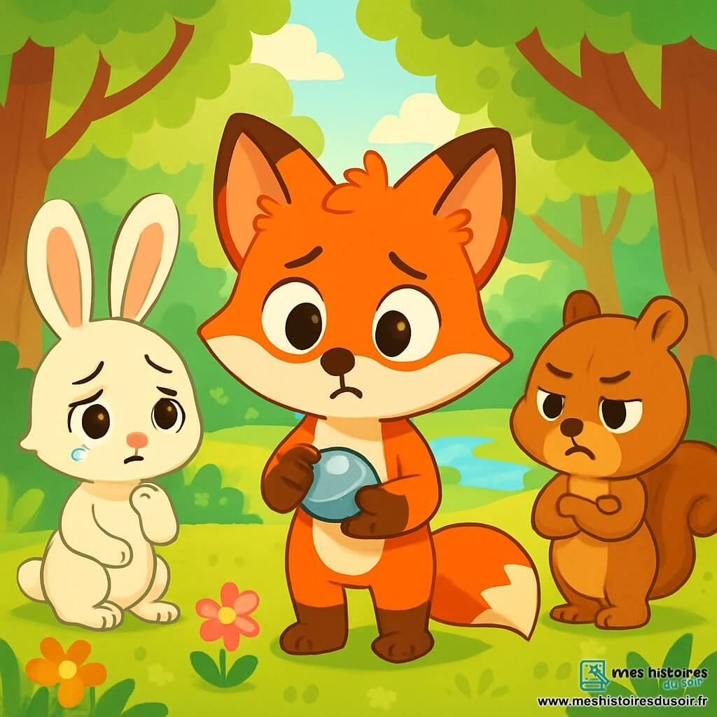 Petit Renard, un renard aux poils roux et aux yeux curieux, se tient au centre de la clairière, inquiet, tenant un caillou brillant. À sa gauche, Lapinou, une lapine aux grandes oreilles et au pelage blanc, le regarde tristement, les yeux larmoyants, tandis qu'elle se gratte la patte. À droite, Écureuil, un écureuil brun clair, croise les bras, déçu, observant la scène avec désespoir. La clairière est illuminée par le soleil, entourée d'arbres majestueux et de fleurs colorées, avec un ruisseau scintillant au fond. Petit Renard hésite à dire la vérité sur le caillou, tandis que ses amis attendent une réponse, créant une atmosphère de tension sur l'importance de l'honnêteté.
