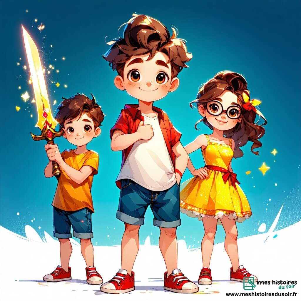 Trois personnages principaux : Léo, un garçon de 10 ans aux cheveux en bataille et au sourire malicieux, brandit une épée imaginaire, les yeux brillants d'excitation. Clara, une fille de 9 ans aux cheveux bouclés et en robe colorée, se tient à sa droite, les mains sur les hanches, affichant une expression déterminée. Max, un garçon de 10 ans avec des lunettes et des cheveux bruns, se tient légèrement en retrait à gauche, les bras croisés, avec une expression de curiosité mêlée d'inquiétude. Ils se trouvent dans un vieux parc urbain, sous un grand chêne majestueux, entourés de feuilles dorées et d'une lumière douce, créant une atmosphère mystérieuse. Ils découvrent un passage secret au pied du chêne, d'où s'échappe une lumière éclatante, révélant un escalier en spirale qui descend dans l'obscurité, symbolisant l'aventure qui les attend.