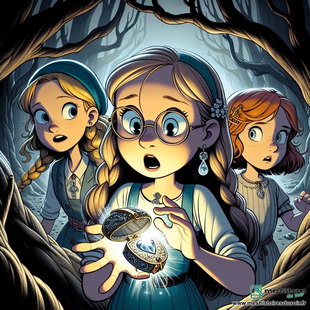 Trois amies, Éloïse (10 ans) aux longs cheveux bruns et lunettes, tient un pendentif scintillant avec émerveillement. Capucine (10 ans) aux cheveux blonds en tresses, est à ses côtés, le visage illuminé par la lumière du pendentif, tandis que Manon (10 ans) aux cheveux roux et taches de rousseur, regarde autour d'elle avec inquiétude, un peu en retrait. La scène se déroule dans une forêt sombre où des arbres aux troncs tordus semblent chuchoter des secrets. Une lumière argentée émane du pendentif, contrastant avec l'obscurité. Les amies découvrent un coffret ancien et magique, et Éloïse, fascinée, s'apprête à faire un vœu, tandis que des ombres inquiétantes se forment autour d'elles, créant une atmosphère magique et effrayante.
