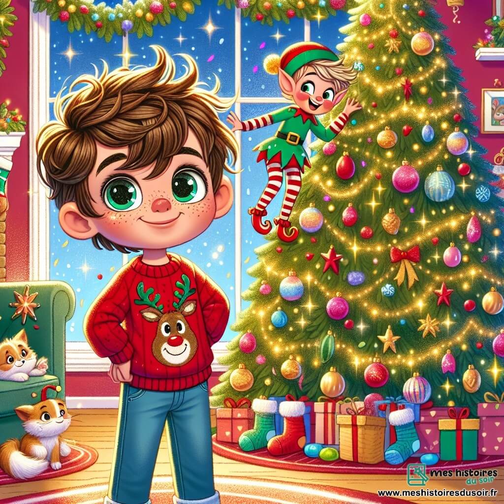 Un garçon de 8 ans, aux cheveux châtains en bataille et aux yeux curieux, se tient devant un sapin de Noël majestueux. Il porte un pull rouge avec un renne et un pantalon en jean, affichant un large sourire. À côté de lui, un lutin farceur, Pipo, avec une peau verte et un bonnet rouge, grimpe sur une branche du sapin en lançant des confettis en forme d’étoiles. Le salon est décoré de guirlandes scintillantes et de lumières clignotantes, créant une ambiance festive. Des chaussettes remplies de friandises pendent à la cheminée, tandis qu'un chat, Gribouille, dort paisiblement sur un coussin. La scène montre le garçon et le lutin en pleine action, préparant des surprises de Noël, avec des rires et de la magie dans l'air, tandis que des flocons de neige tombent doucement à l'extérieur.
