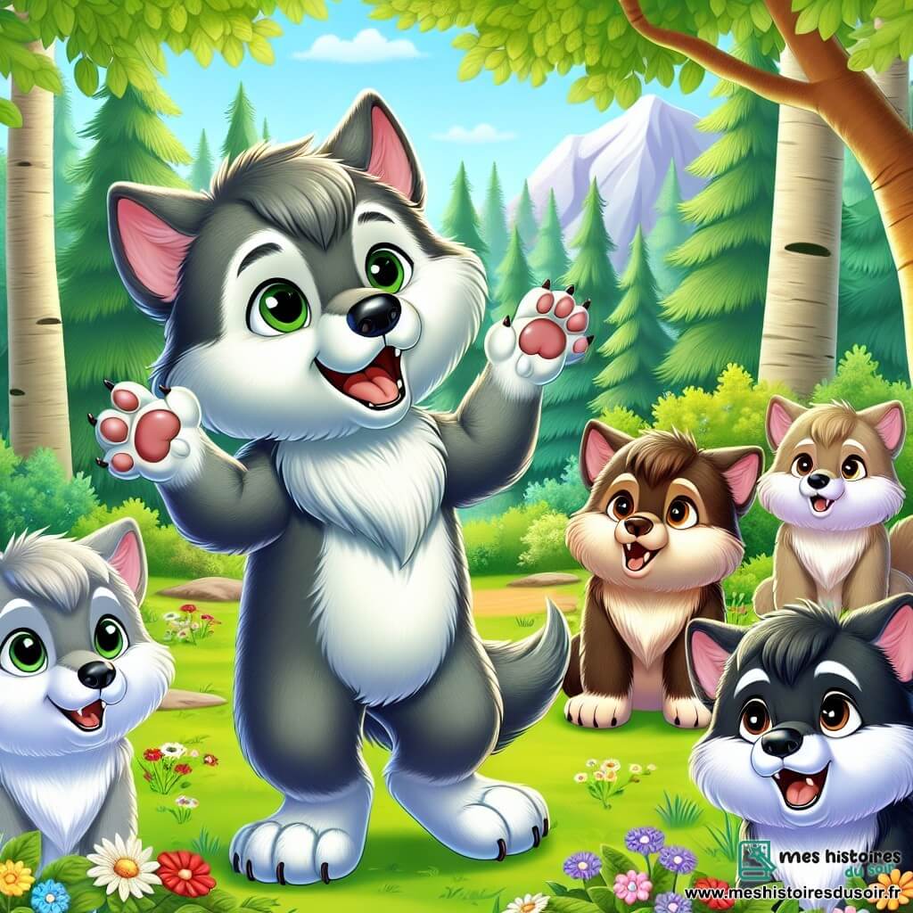 Un petit loup nommé Léo, avec un pelage gris et des yeux curieux, se tient joyeusement au centre de la scène, souriant et sautant de joie. À ses côtés, Milo, un loup au pelage brun clair et aux yeux doux, le regarde avec un sourire timide. D'autres louveteaux aux pelages variés les observent, impatients de jouer. La scène se déroule dans une belle forêt verdoyante, avec des arbres majestueux, des fleurs colorées et un ciel bleu clair. Les louveteaux jouent ensemble, illustrant la tolérance et l'amitié entre amis de différentes origines.