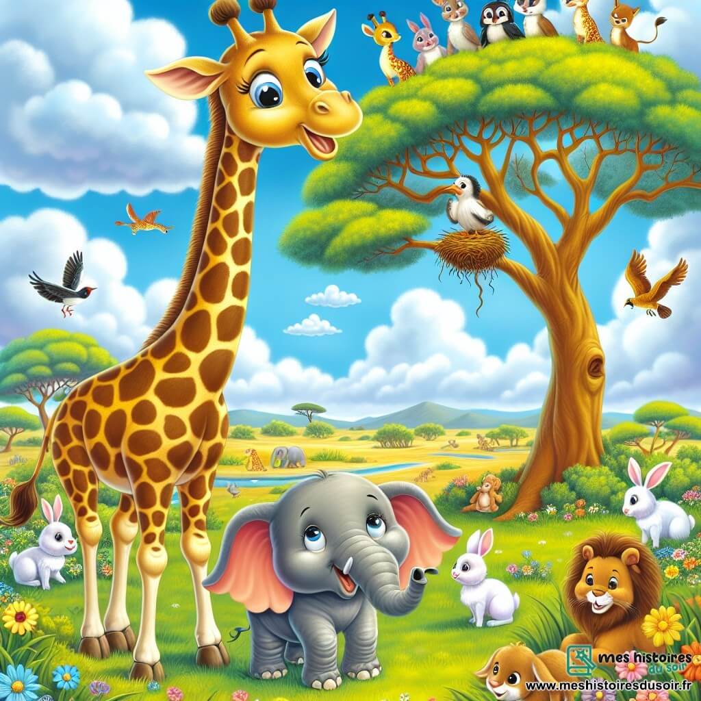 Une girafe nommée Gigi, avec un long cou tacheté de jaune et de brun, se tient joyeusement au centre de la savane, levant la tête vers un arbre où se trouve un petit nid. À ses côtés, un éléphant nommé Émile l'admire, tandis qu'un groupe d'animaux colorés les entoure, curieux et enthousiastes. Le ciel est bleu, parsemé de nuages blancs, et la savane est remplie de fleurs sauvages. Gigi essaie d'atteindre le nid d'oiseau, prête à aider son ami, tandis qu'Émile et les autres animaux l'encouragent.