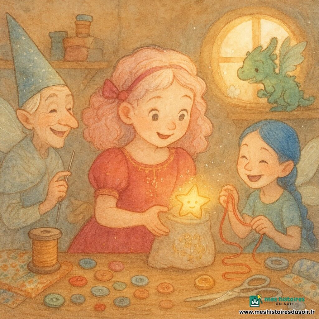 Une petite princesse d'environ 7 ans, émerveillée, cheveux bouclés rose pâle retenus par un ruban, porte une robe couleur confiture de fraise brodée d'or et tient une housse brodée où se pose une fine lueur rieuse; à gauche se tient Miette, une fée couturière au visage jovial et à la peau nacrée, qui sourit en tenant une aiguille chantante près d'un rouleau de ruban, à droite Plumette, jeune fée à tresse bleue, rit en déroulant un fil rouge, tandis que Dentelle, fée d'âge moyen aux lunettes rondes, présente un bouton étoile sur la table en bois; en arrière-plan, un petit dragon vert d'eau de la taille d'un chiot tousse doucement des plumes; l'atelier est chaleureux et fouillis — table en bois patinée couverte de boutons, bobines de fil, ciseaux et tissus floraux, fenêtre ronde laissant entrer une lumière dorée — l'atmosphère est joyeuse et calme, avec détails texturés visibles (fils, broderies, paillettes).