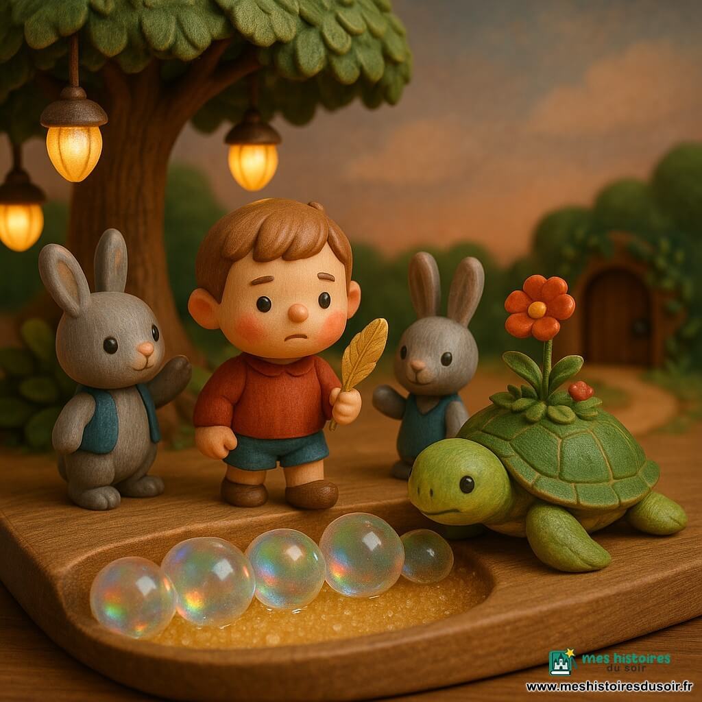 Un garçon de 4 ans au visage rond tient une plume dorée dans sa main droite, un petit lapin gris en gilet bleu l'encourage en relevant une patte, une grande tortue verte à carapace-jardin est à côté du pont de bulles translucides et scintillantes, un arbre aux lanternes de lucioles diffuse une lumière chaude, à l'arrière une petite porte en bois encadrée de lianes et un sentier de sucre brun mènent vers un ciel pastel ; la scène, composée comme un diorama de jouets en bois, présente des couleurs saturées, textures mates et ombres douces pour une atmosphère magique et rassurante.