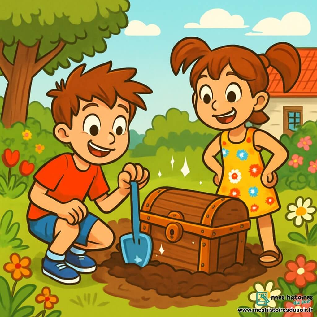 Deux personnages principaux : Alex, un garçon de 10 ans aux cheveux ébouriffés et aux yeux curieux, portant un t-shirt rouge et un short bleu, accroupi avec une pelle en plastique, et Zoé, une fille de 9 ans avec des cheveux châtains en couettes, en robe à fleurs et sandales, se tenant à côté d'Alex, les mains sur les hanches, émerveillée par un coffre en bois ancien. L'histoire se déroule dans un jardin ensoleillé, rempli de fleurs et d'arbres, où un vieux coffre partiellement enfoui brille au centre. Alex et Zoé découvrent ce coffre mystérieux dans le jardin de la grand-mère de Zoé, creusant avec enthousiasme, leurs visages illuminés par la promesse d'une aventure incroyable.