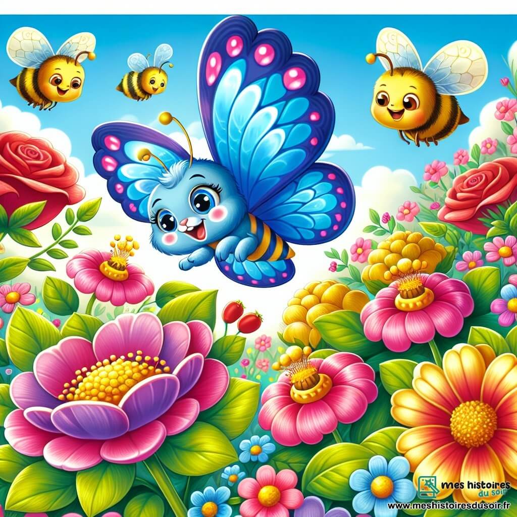 Un papillon nommé Lila, aux ailes bleu et violet, vole joyeusement au-dessus d'un jardin ensoleillé. Ses antennes frémissent d'excitation tandis qu'elle explore son environnement. Des abeilles dorées bourdonnent en récoltant du nectar sur des fleurs éclatantes, concentrées et heureuses. Dans un coin, des roses rouges dansent doucement au vent, semblant encourager Lila. Le jardin est rempli de couleurs vives avec des fleurs variées, des papillons et un ciel bleu parsemé de nuages. Au fond, un pommier chargé de pommes ajoute une touche de magie. Lila s'amuse avec ses amis insectes, dans une atmosphère joyeuse et estivale.
