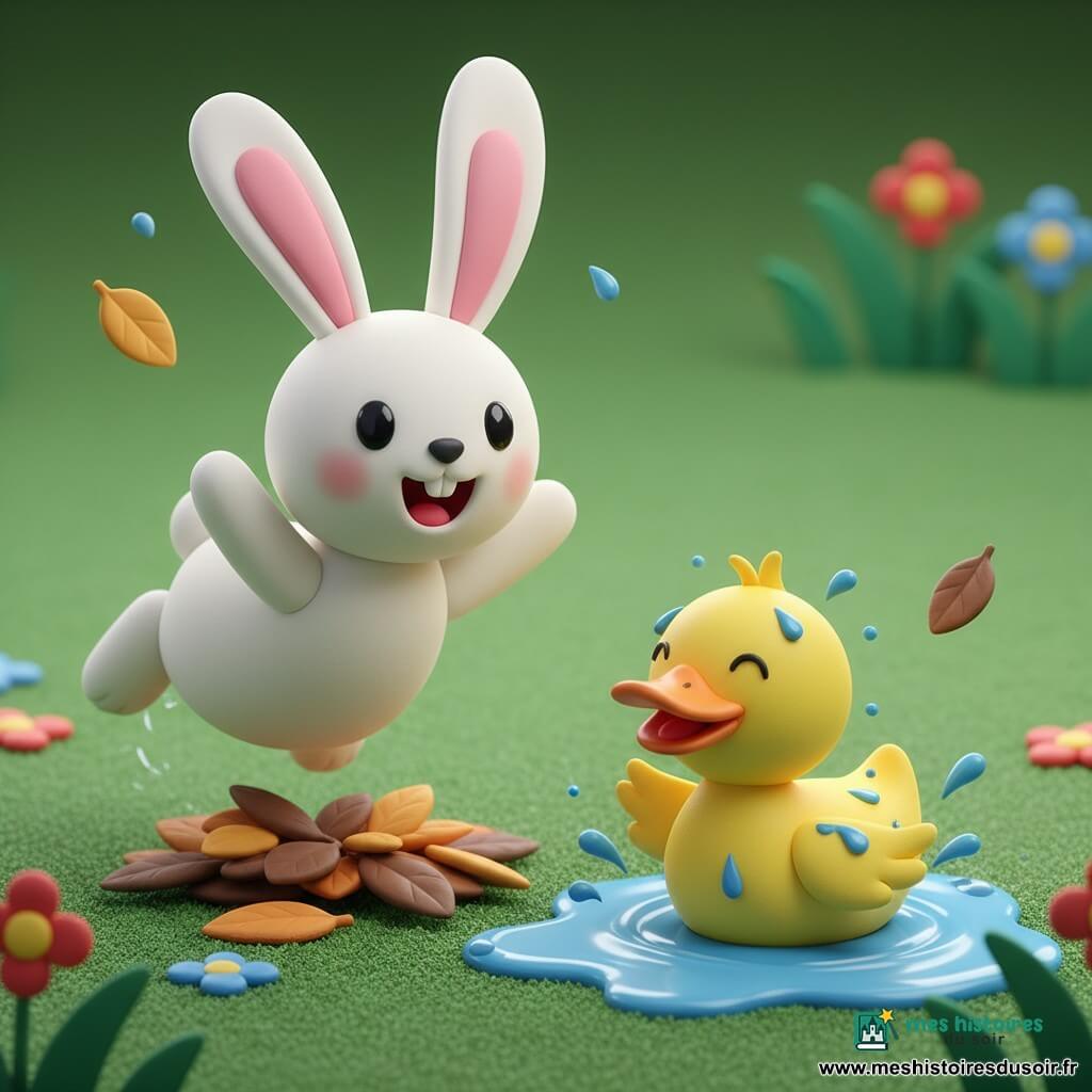 Un lapin blanc aux grandes oreilles roses, yeux ronds noirs et large sourire, à la fourrure lisse et joues rosées, saute joyeusement vers le haut, pattes arrière repliées et oreilles dressées, pour retomber sur un tas de feuilles ; à sa droite, un canard jaune vif au bec orange, ailes petites et mouillées, plonge à moitié dans une petite flaque bleue en faisant un plouf joyeux ; le jardin, simple et coloré, présente une pelouse verte, un tas de feuilles brunes et orange, une flaque scintillante et quelques fleurs stylisées rouge et bleu, et des gouttes d'eau et feuilles volantes accentuent le mouvement du concours de sauts.