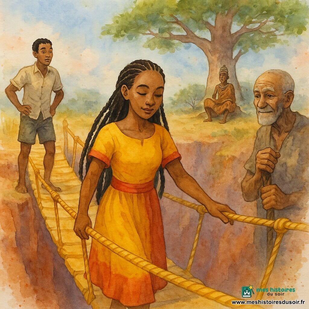 Zesté, femme adulte sereine et concentrée aux longues nattes noires et à la peau brune, traverse lentement un nouveau pont de cordes au-dessus d’un ravin rocheux; sa main repose sur la corde brillante aux nœuds serrés tandis que le village réuni — Amadou, jeune homme d’environ 20 ans au short et chemise, un vieil homme d’environ 75 ans, Baba Sali, au visage ridé tenant un bâton sculpté, et le chef d’environ 50 ans en pagne et collier de perles assis sous le baobab — regardent avec étonnement, fierté et admiration; scène matinale aux parois ocres et rouges, herbes sèches et poussière soulevée par le vent, rendue en aquarelle douce avec textures de papier et touches vives sur les vêtements.