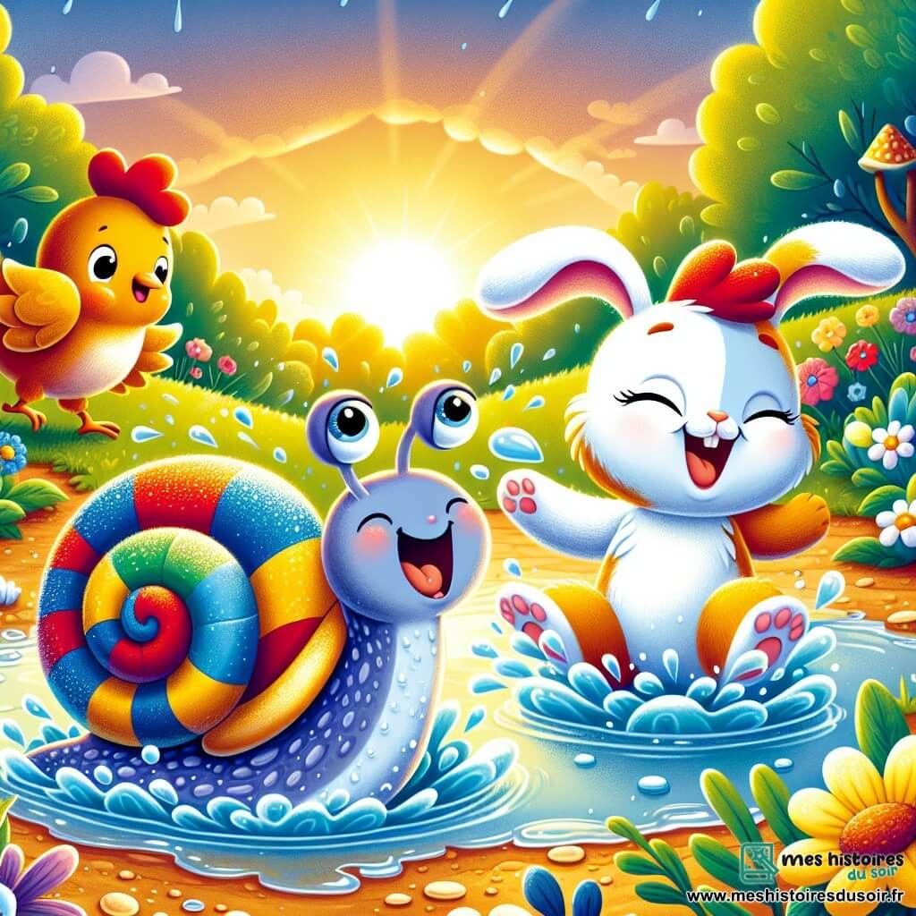 Un escargot coloré nommé Coco, avec une coquille ornée de taches bleu, rouge et jaune, glisse joyeusement dans une flaque d'eau, éclaboussant autour de lui avec un grand sourire. À côté, un lapin blanc nommé Benjamin saute dans l'eau en riant, tandis qu'une poule rousse appelée Clara s'apprête à plonger, ses ailes écartées. Le décor est un joli village d'animaux, avec des fleurs colorées, des arbres verdoyants et une lumière dorée du soleil couchant. Coco, Benjamin et Clara s'amusent ensemble dans cette flaque, créant des éclaboussures d'eau, illustrant la joie de l'amitié.