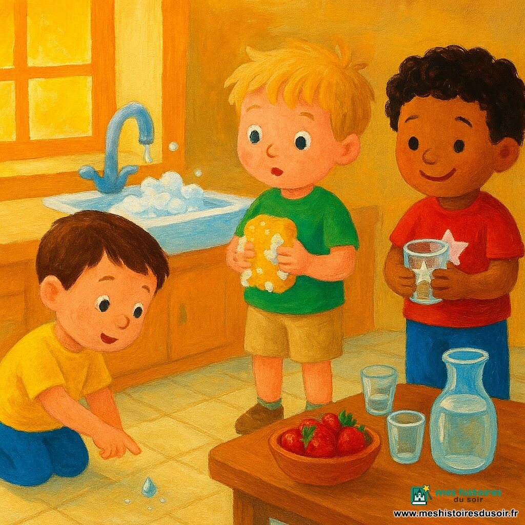 Trois garçons d'environ 4 ans dans une cuisine chaleureuse : à gauche un garçon aux cheveux bruns courts, t-shirt jaune et pantalon bleu, agenouillé et pointant une petite goutte d'eau brillante sur le sol; au centre un garçon aux cheveux blonds en bataille, t-shirt vert et short beige, debout tenant une éponge moussante et regardant l'évier; à droite un garçon aux cheveux noirs bouclés, t-shirt rouge avec une étoile blanche, souriant et serrant un petit verre étoilé; sol en carreaux clairs, table en bois avec plateau, bol de fraises, trois petits verres et carafe d'eau, évier blanc avec bulles et une fenêtre laissant entrer un rayon de soleil qui forme des carrés lumineux; scène de complicité joyeuse avec gouttes scintillantes, bulles de savon et couleurs vives rappelant la peinture acrylique.