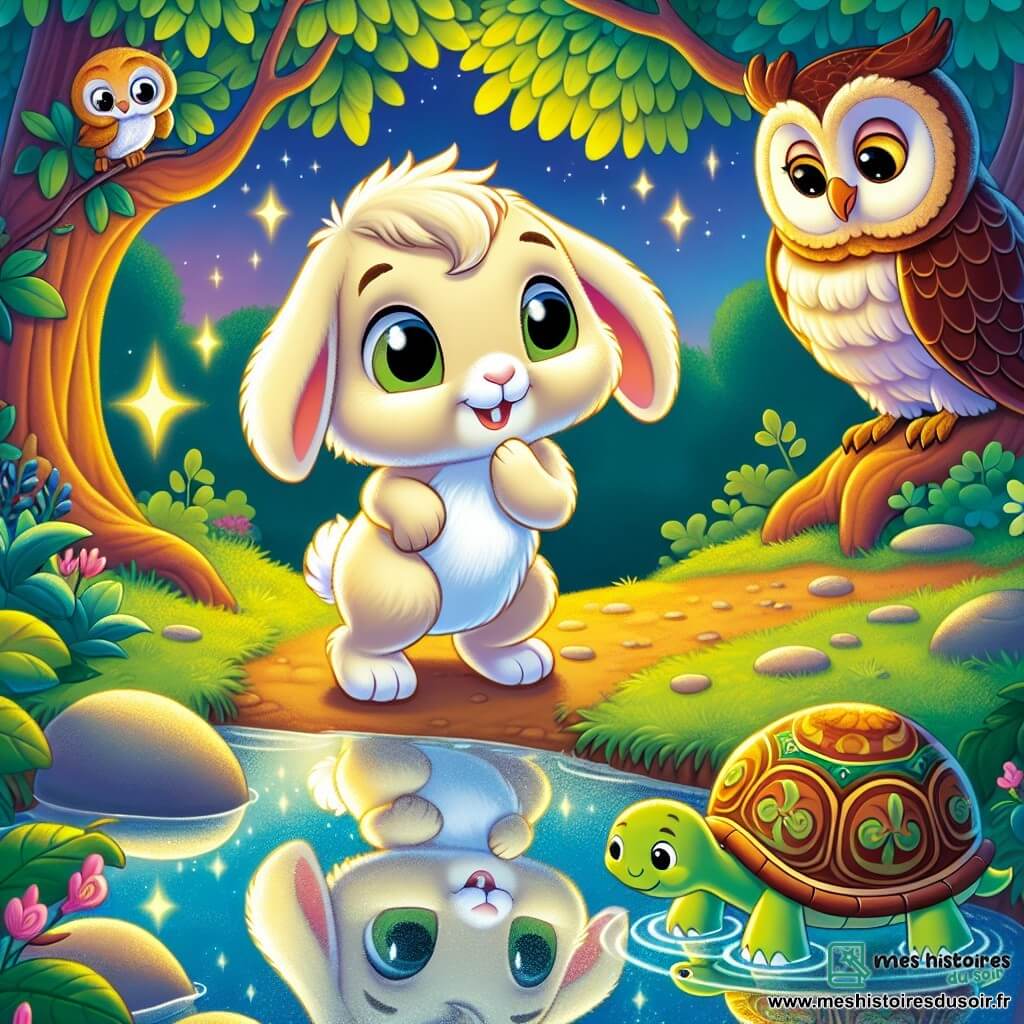 Un jeune lapin nommé Léo, avec un pelage crème, se tient au bord d’un ruisseau, ses grandes oreilles dressées et ses yeux curieux. Il sourit en observant son reflet dans l'eau. Près de lui, un hibou sage aux plumes brunes et dorées regarde Léo avec des yeux malicieux, prêt à partager un secret. Un peu plus loin, une tortue âgée avance lentement, affichant une expression calme. La scène se déroule dans une forêt enchantée, avec des arbres majestueux et des étoiles scintillantes dans le ciel crépusculaire. Léo joue avec les reflets dans l’eau, tandis que le hibou et la tortue l'observent, prêts à lui offrir leur sagesse.