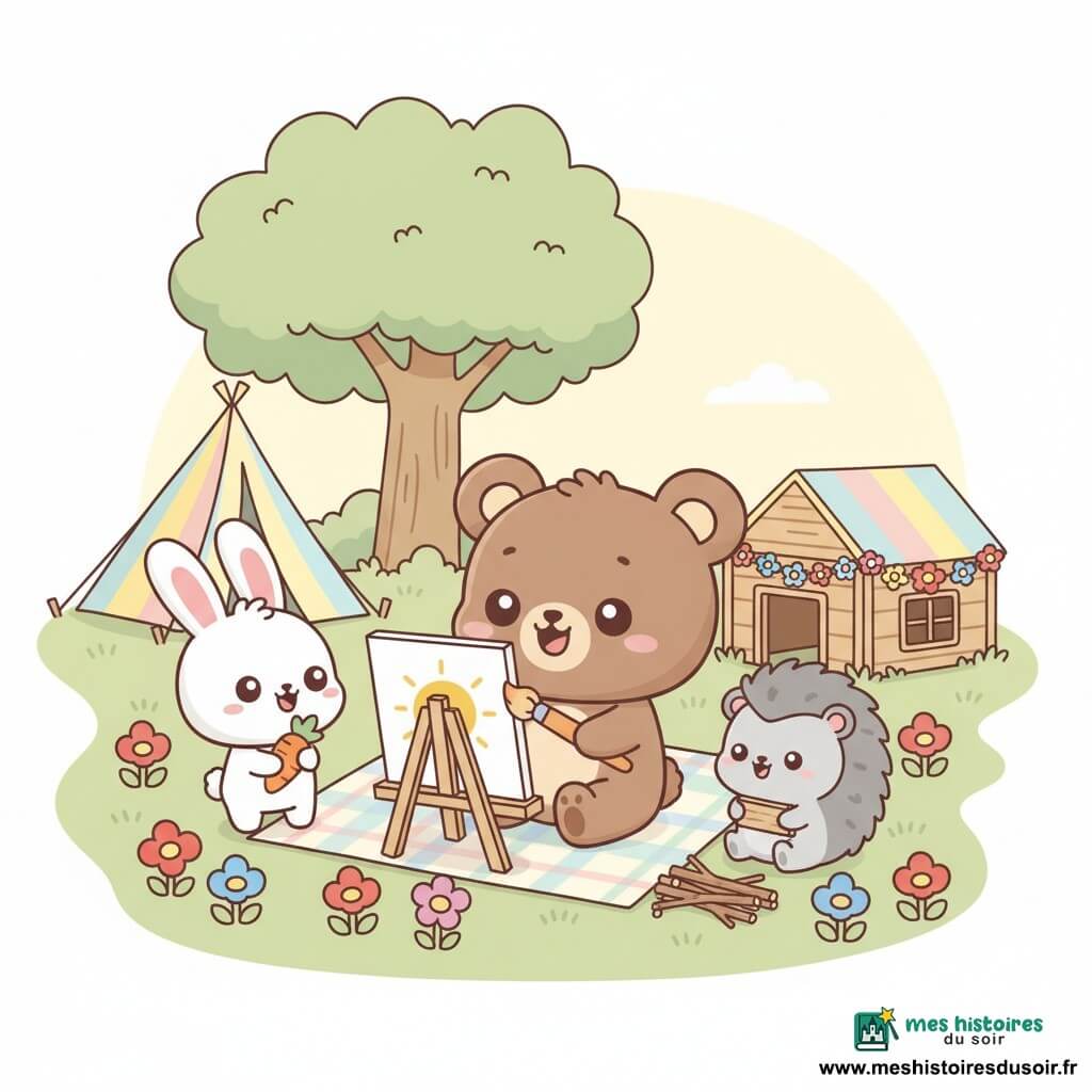 Petit ours en peluche brun souriant, aux yeux ronds, assis sur une couverture et peignant un soleil jaune vif à la brosse orange; à sa gauche une petite lapine blanche aux longues oreilles roses tient une carotte et admire la toile; à droite un hérisson gris timide tient une planche près d’une pile de branches pour aider à construire une cabane; clairière d’été avec herbe verte, fleurs multicolores, grand arbre à feuilles rondes, tente rayée pastel et cabane en bois décorée de guirlandes, lumière douce de fin d’après-midi, formes arrondies et palette pastel pour une ambiance calme et joyeuse.