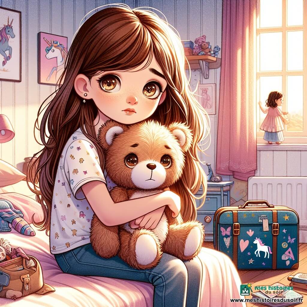 Zoé, une petite fille de six ans aux longs cheveux bruns et aux yeux pétillants, est assise sur son lit avec son doudou Bouly, un ours en peluche usé, serré contre elle. Elle a une expression mélancolique, des larmes dans les yeux, en regardant une valise ouverte à côté d'elle. Maman, une femme aux cheveux châtains et au sourire réconfortant, se tient près de la porte, les bras croisés, l'air doux mais préoccupé, observant Zoé avec tendresse. La chambre de Zoé, décorée de murs pastel et de posters de licornes, est éclairée par une douce lumière matinale. Zoé, perdue dans ses pensées, prépare son sac pour aller chez Papa, tandis que Bouly semble prêt à l'accompagner dans cette nouvelle aventure, malgré l'incertitude ambiante.