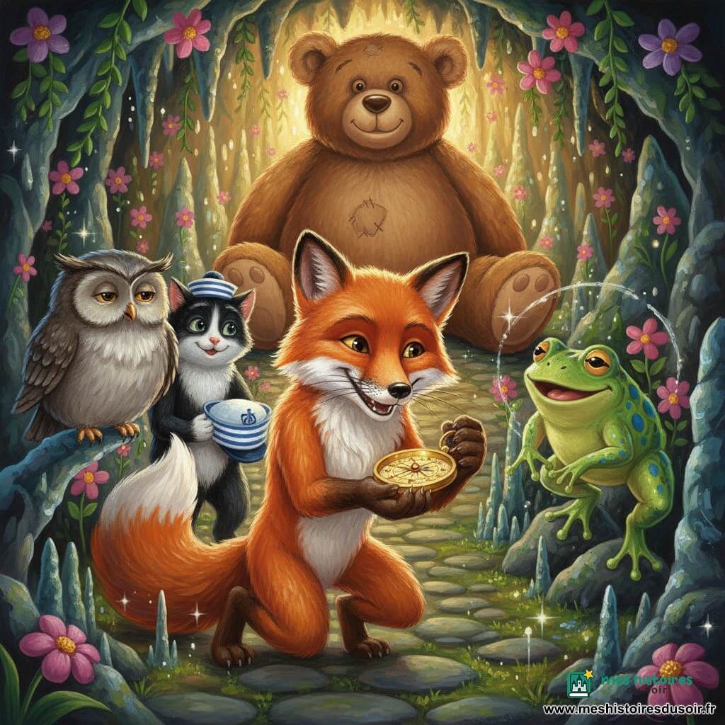 Un renard roux anthropomorphe au pelage brillant et sourire malicieux agenouillé devant une boussole dorée tournant dans ses pattes, observé par un hibou gris dodu perché sur une stalactite, une grenouille verte tachetée de bleu sautant en laissant des gouttes brillantes, un chat noir et blanc élégant au chapeau de marin tenant un chapeau supplémentaire derrière le renard, et un énorme ours en peluche velouté assis au fond de la grotte ; la grotte tapissée de fleurs luminescentes roses et violettes, lianes vertes et stalagmites scintillantes, sentier de pierres moussues menant à une entrée baignée de lumière dorée ; ambiance joyeuse et comique, couleurs vives, textures épaisses et reflets brillants sur la boussole.