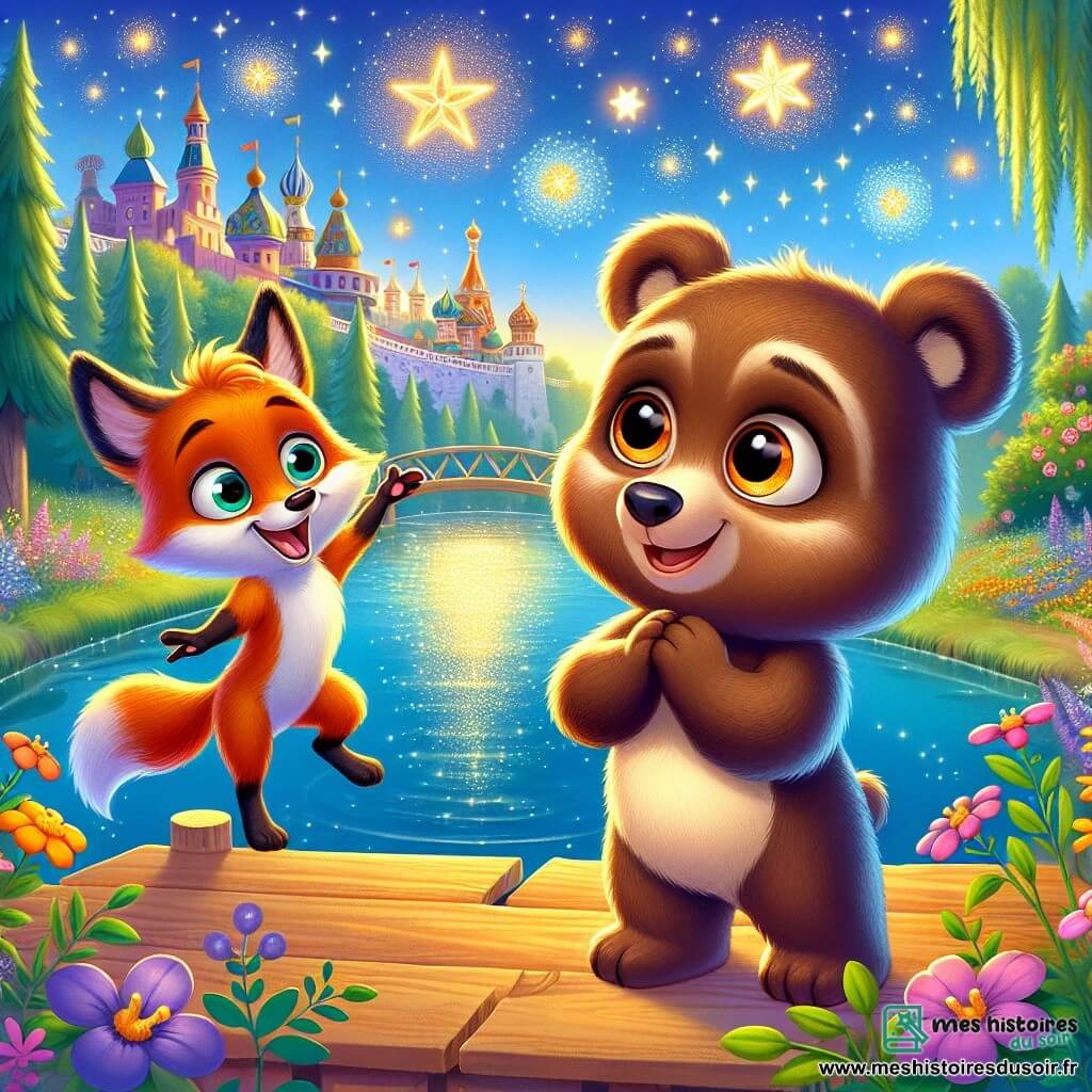 Un petit ours nommé Misha, avec un pelage brun et des yeux ronds brillants de curiosité, se tient au bord d'un lac scintillant, émerveillé par la beauté environnante. Il sourit largement, ses petites pattes levées en signe d'émerveillement. À ses côtés, un renard nommé Rouska, avec une fourrure orange et des yeux pétillants, danse joyeusement sur un pont en bois, riant et montrant les étoiles brillantes dans le ciel bleu. En arrière-plan, un parc coloré rempli de fleurs et d'arbres majestueux s'étend à perte de vue, créant une atmosphère magique. Misha découvre la magie des étoiles en plein jour, entouré de fleurs chantantes qui remplissent l'air de joie.
