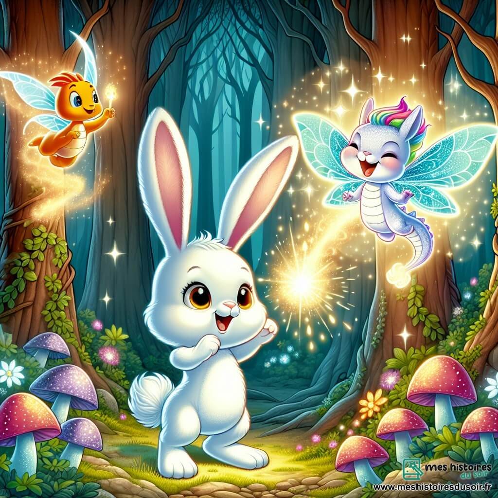 Illustration d'un lapin magique à la fourrure blanche éclatante et aux grandes oreilles, affichant détermination et courage, au centre de la scène, les pattes levées vers le ciel, entouré d'une lumière éclatante. À ses côtés, un petit dragon aux écailles scintillantes, avec une flamme dansante à la queue, exprime joie et admiration. Une fée espiègle, avec des ailes translucides et des cheveux colorés, sourit malicieusement, prête à intervenir. Le décor est une forêt mystérieuse avec des arbres hauts et sombres, des rayons de lumière illuminant le sol parsemé de fleurs lumineuses et de champignons colorés. Le lapin magique utilise son pouvoir pour combattre un sorcier maléfique, entouré d'une aura magique, tandis que ses amis sont prêts à l'aider, créant une atmosphère magique et tendue.