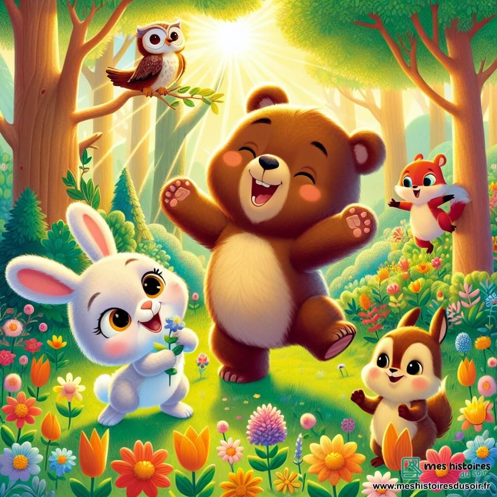 Un petit ours brun nommé Oscar danse autour de jeunes fleurs colorées, émerveillé par la beauté du printemps. À ses côtés, une petite lapine blanche nommée Lili saute joyeusement en tenant une fleur. En arrière-plan, un écureuil roux nommé Sam grimpe sur une branche, tandis qu'une chouette sage, Hélène, les observe avec bienveillance. La scène se déroule dans une forêt enchantée, baignée de lumière dorée, où Oscar et ses amis célèbrent l'éveil de la nature dans une danse joyeuse.