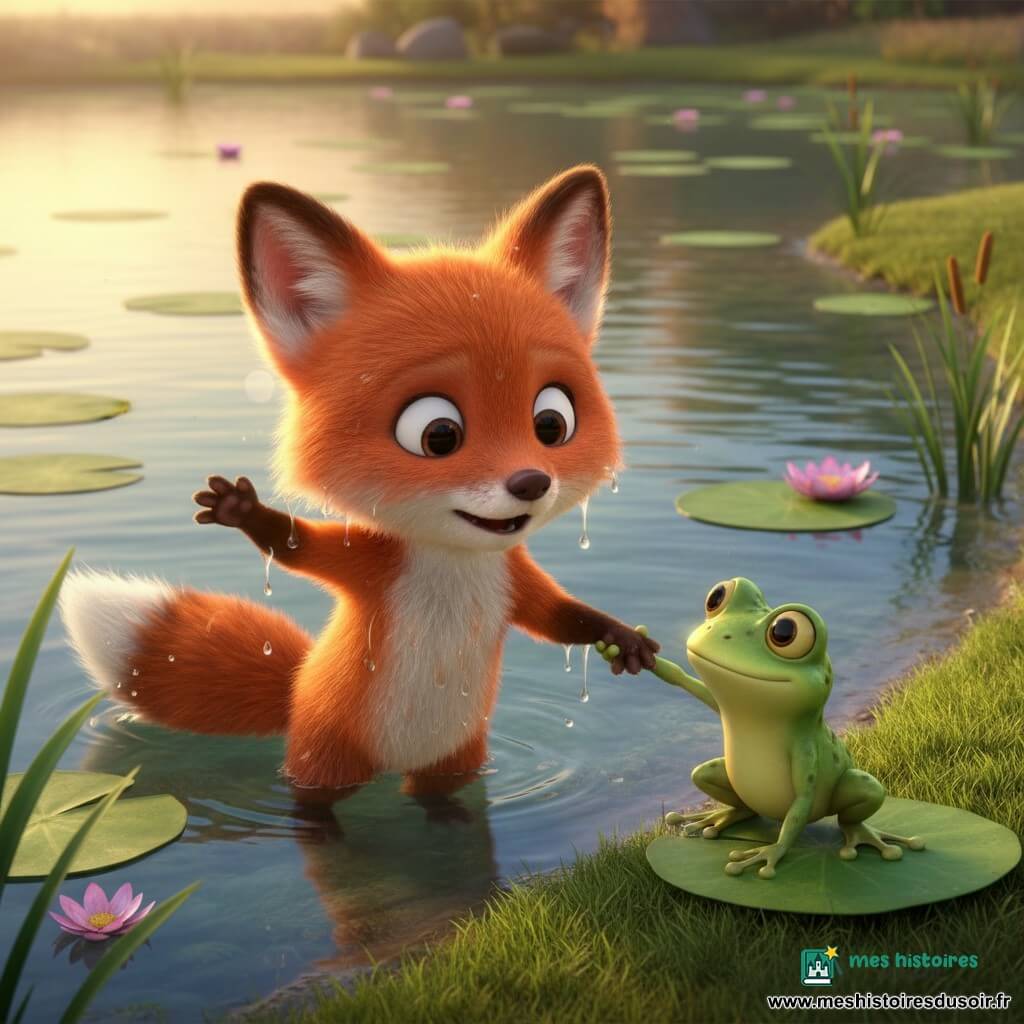 Un petit renard roux au pelage doux et brillant, yeux ronds, surpris et trempé, se débat dans l'eau en remuant les pattes ; il a une tache blanche sur la poitrine, une queue touffue à pointe blanche et les oreilles légèrement rabattues. Une petite grenouille verte au ventre jaune, à la peau lisse et aux grands yeux globuleux, sourit et tire doucement le renard vers la berge en s'agrippant à sa patte avant, des pattes palmées visibles sur un nénuphar proche. L'étang calme à eau claire reflète le soleil couchant doré ; nénuphars flottants, quelques roseaux et fleurs roses, berge herbeuse. Lumière chaude, ombres douces, couleurs vives pour une scène joyeuse et rassurante, cadrée en plan rapproché sur le sauvetage et les expressions