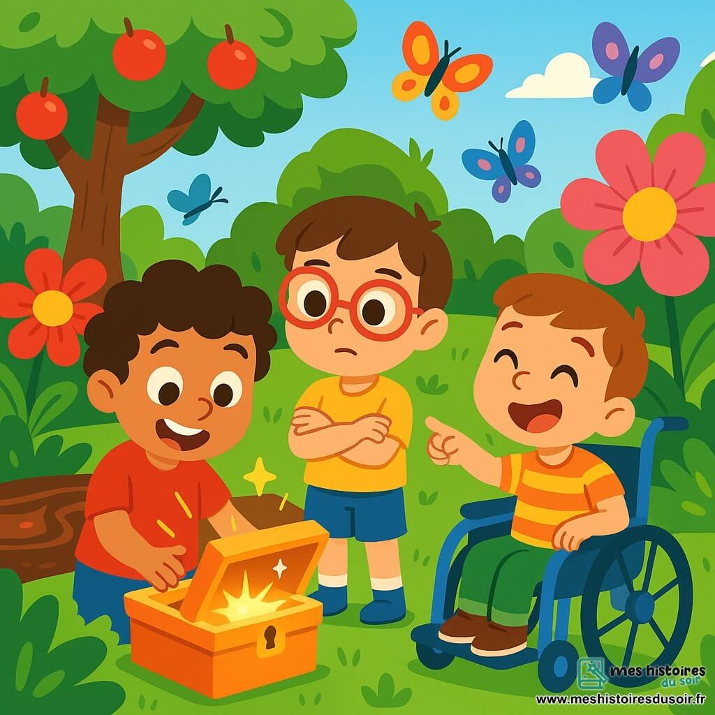 Trois personnages sont présents : Lucas, un garçon joyeux de 8 ans avec des cheveux bouclés et un t-shirt rouge vif, qui ouvre une boîte magique avec excitation ; Sam, un garçon curieux de 7 ans portant de grandes lunettes rouges et un short bleu, qui observe attentivement Lucas ; et Max, un garçon souriant de 9 ans en fauteuil roulant bleu avec un t-shirt à rayures, riant et pointant vers le jardin enchanté derrière eux. L'histoire se déroule dans un jardin luxuriant rempli de fleurs géantes, d'arbres aux fruits brillants et d'une rivière de chocolat scintillante, où des papillons multicolores volent, ajoutant une touche magique. Les amis découvrent une boîte mystérieuse, prête à les plonger dans un monde d'aventures enchantées.