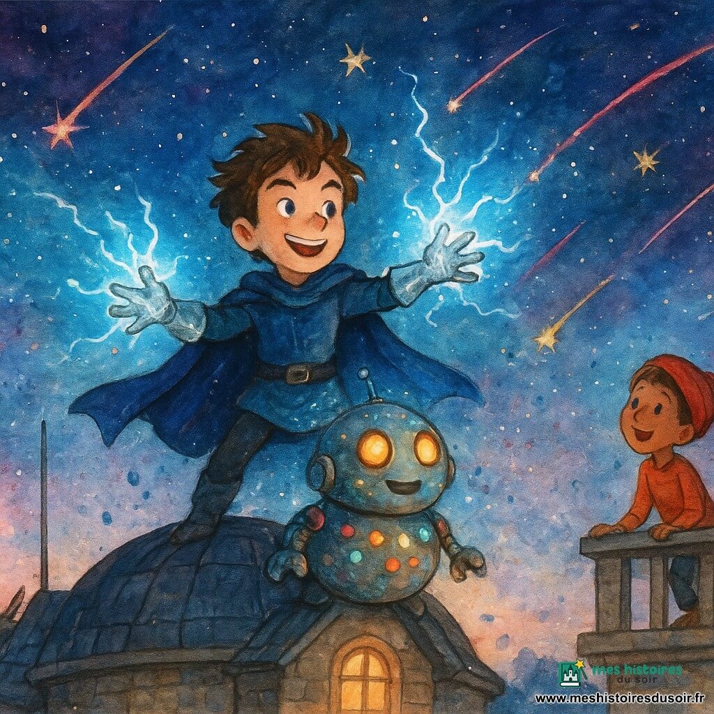 Maxime, héros au visage expressif et cheveux en bataille, sourit avec détermination, sa cape bleu nuit flottant et ses gants argentés émettant des filaments d’électricité bleue vers le ciel; devant lui, un petit robot rond couvert d’ampoules multicolores clignote et absorbe la lumière des étoiles depuis le toit; Madame Lemoine, boulangère d’une cinquantaine d’années, l’observe attendrie depuis une lucarne, mains jointes, robe simple et tablier fariné; un garçon d’environ huit ans, bonnet rouge et collants rayés, regarde émerveillé depuis un balcon voisin; l’action se déroule sur le toit rond d’un observatoire en pierre, avec antennes et panneaux solaires, sous une tempête d’étoiles filantes roses et dorées mêlées à une aura électrique bleue qui charge le robot.
