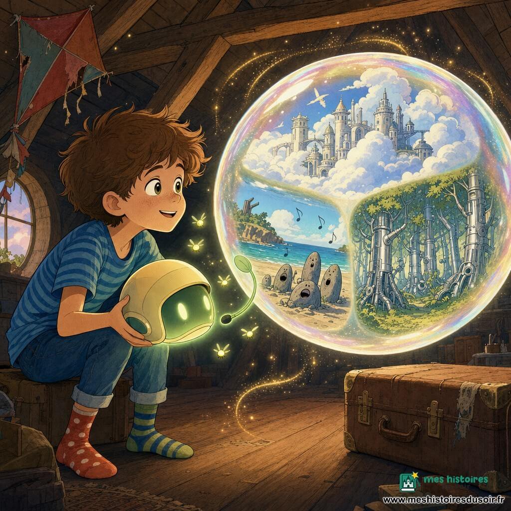 Un garçon de 8 ans, souriant et émerveillé, cheveux bruns en bataille, t-shirt rayé bleu et chaussettes dépareillées, tient délicatement le casque Lumo lisse jaune pâle avec un petit micro en forme de brin d’herbe — le casque émet une douce lumière verte et des petites lucioles et flotte légèrement comme un compagnon curieux — dans un grenier encombré (poutres en bois visibles, vieille valise marron, cerf‑volant déchiré, poussière scintillante) devant une bulle d’air géante et translucide qui s’ouvre et montre trois images miniatures à l’intérieur (ville de nuages, plage aux pierres chantantes, forêt de métal); scène magique et tranquille, lumière chaude, atmosphère curieuse et sécurisante, composition centrée sur le duo garçon + casque, aucun autre humain présent.