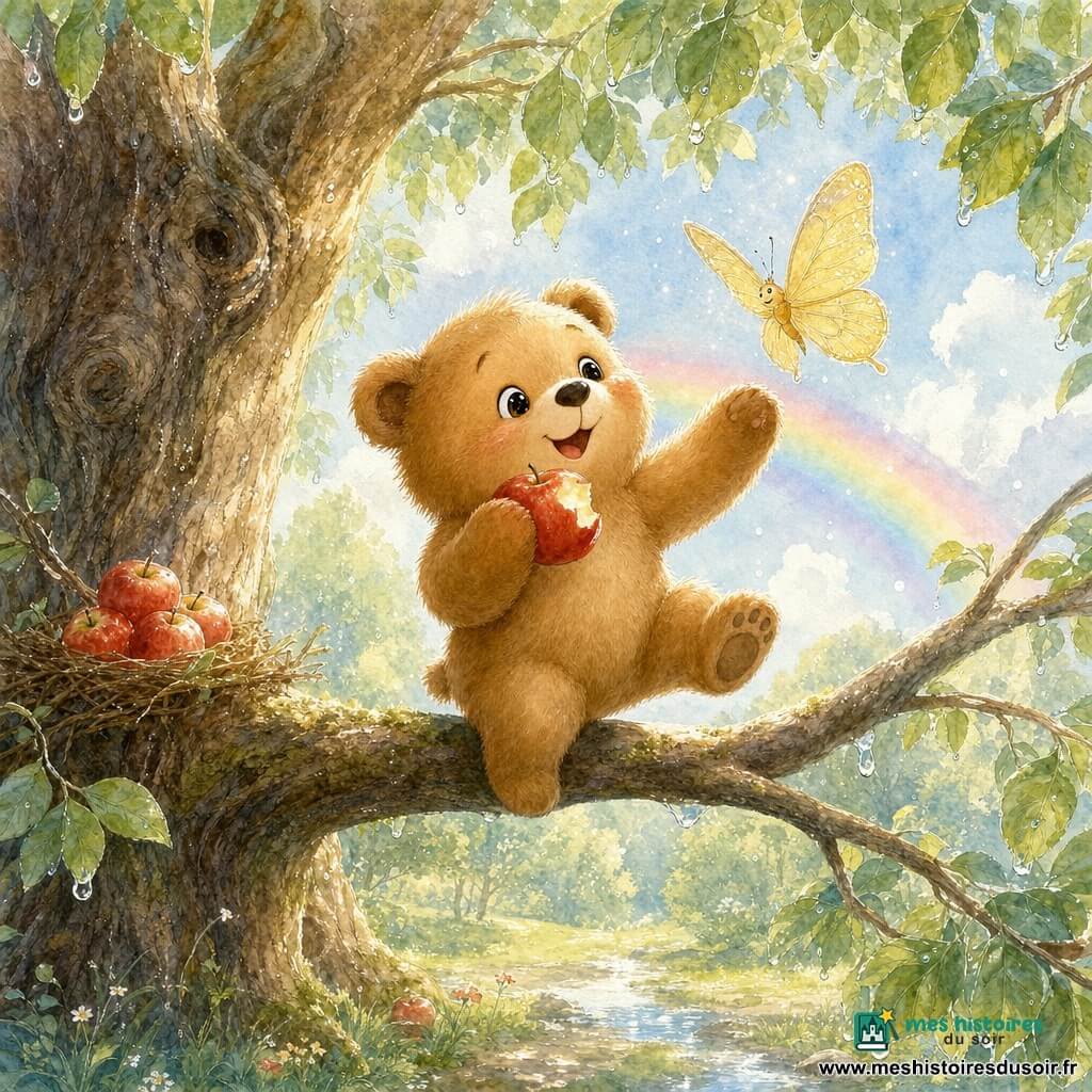 Petit ours en peluche Léo, corpulent et tout doux à la fourrure brun clair, yeux ronds et sourire émerveillé, perché sur une branche basse en train de croquer une pomme rouge à moitié mangée ; un papillon fin aux ailes dorées et translucides vole près de sa tête ; un grand arbre au tronc rugueux et feuillage dense abrite, sur une fourche de branche, un nid improvisé rempli de pommes rouges ; ciel post-pluie avec nuages légers, gouttes scintillantes sur les feuilles et un arc‑en‑ciel doux au‑dessus de la clairière, ambiance tendre et lumineuse.