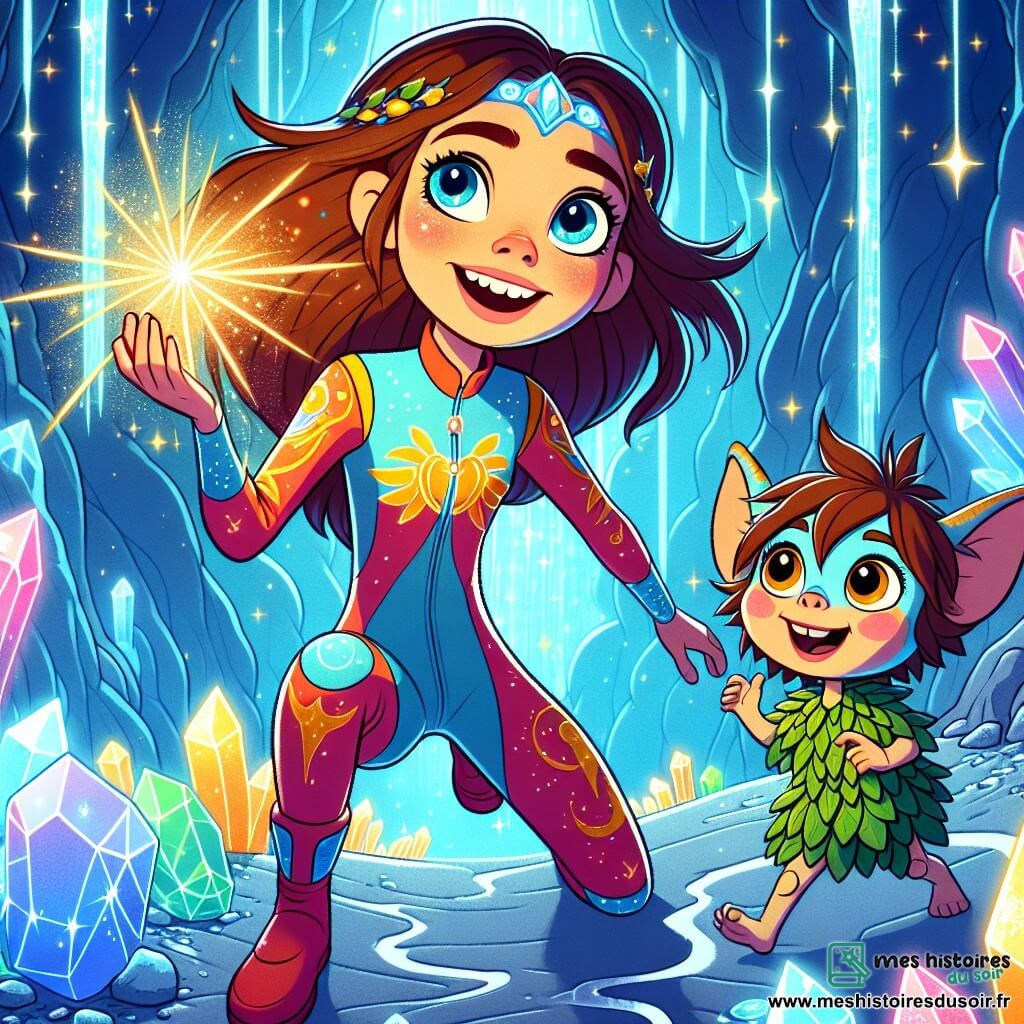 Lyra, une jeune femme aux cheveux bruns, se tient au centre de la scène, les yeux brillants d'émerveillement. Elle porte une combinaison spatiale colorée ornée d'étoiles et tient un cristal doré rayonnant de magie. Son sourire éclatant exprime sa joie face à l'aventure qui l'attend. À ses côtés, Pip, un petit être aux grandes oreilles et aux yeux brillants, saute de joie en pointant un cristal bleu flottant dans l'air. Le décor est une grotte magique remplie de cristaux étincelants et de rivières de lumière, créant une atmosphère féerique. Lyra et Pip se préparent à utiliser la magie des cristaux pour faire léviter des objets, entourés d'une aura lumineuse symbolisant leur amitié et leur aventure dans ce monde fantastique.
