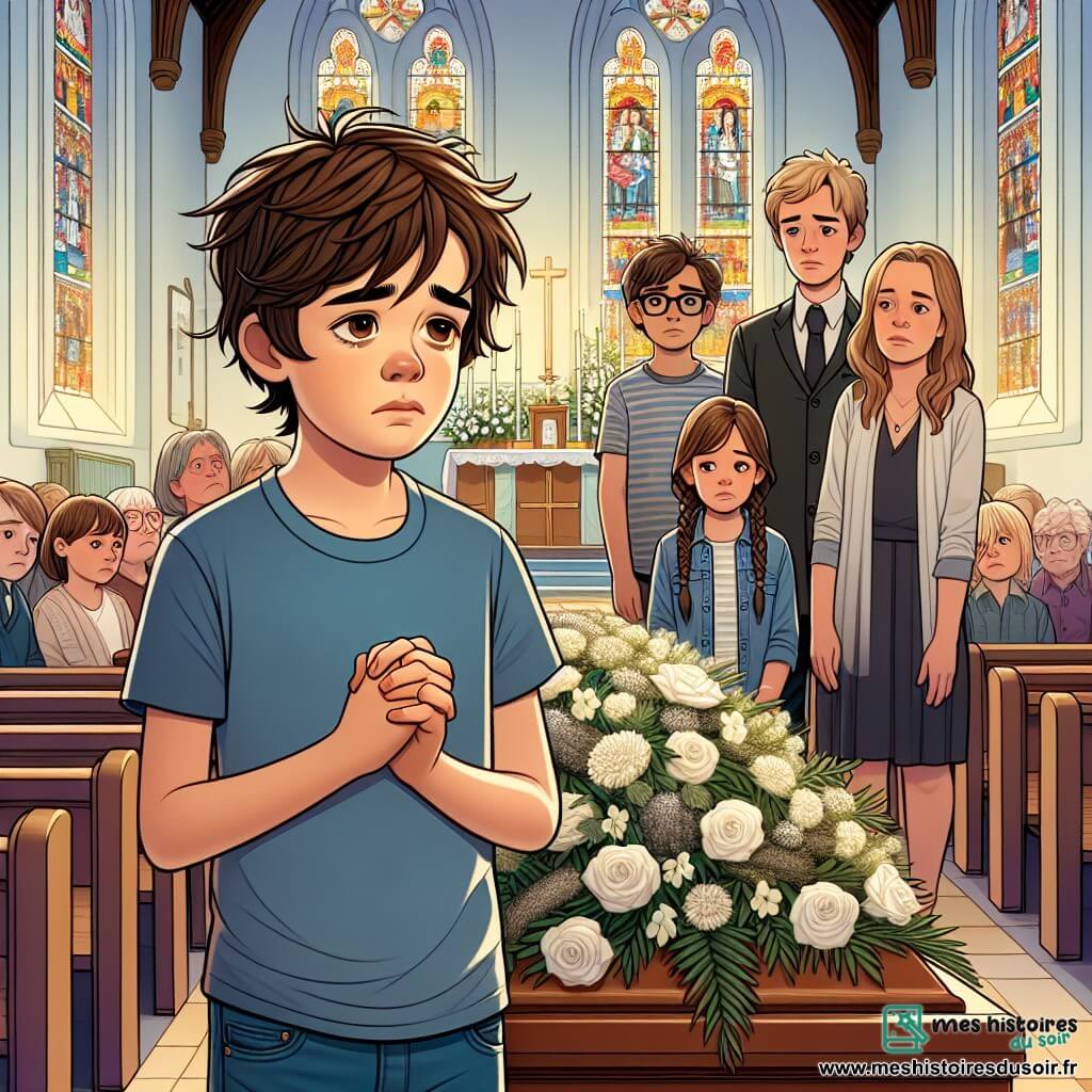 Au centre de l'image, un garçon de 12 ans, Thomas, aux cheveux bruns en bataille et aux yeux tristes, se tient devant un cercueil recouvert de fleurs blanches. Il est vêtu d'un t-shirt bleu et d'un jean, les mains jointes, exprimant une profonde mélancolie. À ses côtés, sa mère, une femme d'une trentaine d'années aux cheveux châtains, le prend dans ses bras pour le réconforter, portant une robe noire simple. En arrière-plan, des amis de Thomas, dont un garçon avec des lunettes et une fille aux cheveux blonds tressés, se tiennent ensemble, sérieux, partageant des souvenirs de leur ami Hugo. L'église lumineuse, avec des vitraux colorés, crée une atmosphère solennelle et réconfortante, ornée de bouquets de fleurs blanches. Thomas, perdu dans ses pensées, se remémore les moments joyeux passés avec Hugo tout en faisant ses adieux.