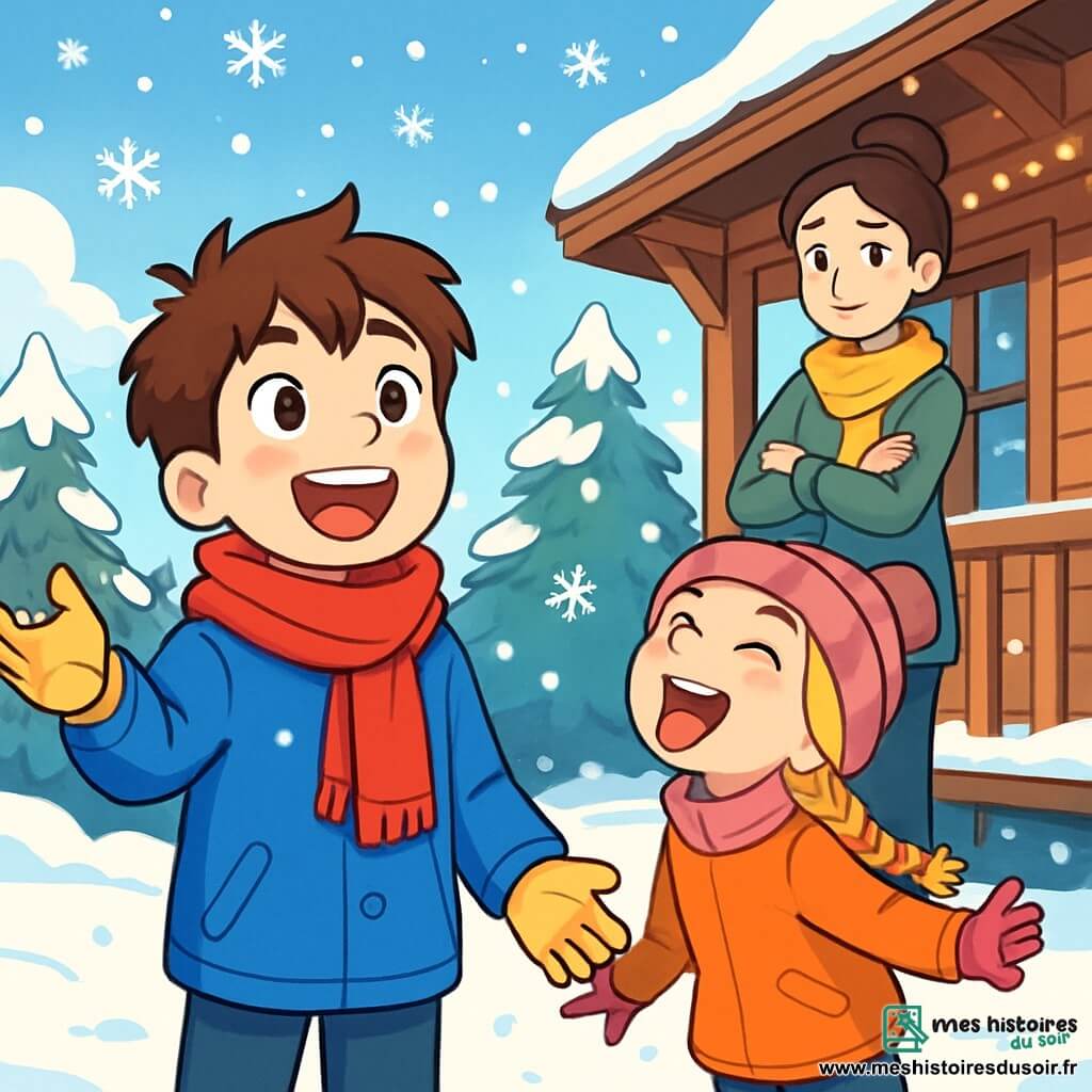 Lucas, un garçon de 12 ans aux cheveux châtains en bataille et aux joues rosies par le froid, admire les flocons de neige qui tombent. Il porte un manteau bleu vif, une écharpe rouge et des gants jaunes. À ses côtés, sa sœur Clara, 8 ans, avec des cheveux blonds tressés et un bonnet rose, essaie d'attraper les flocons avec sa langue en riant. Leur mère, dans la trentaine, les observe avec tendresse depuis la terrasse du chalet en bois, entouré de sapins enneigés et décoré de guirlandes lumineuses. Le sol est recouvert de neige immaculée et le ciel est bleu clair avec des nuages blancs. Lucas lève les bras pour attraper les flocons, tandis que Clara danse autour de lui dans la neige fraîche.