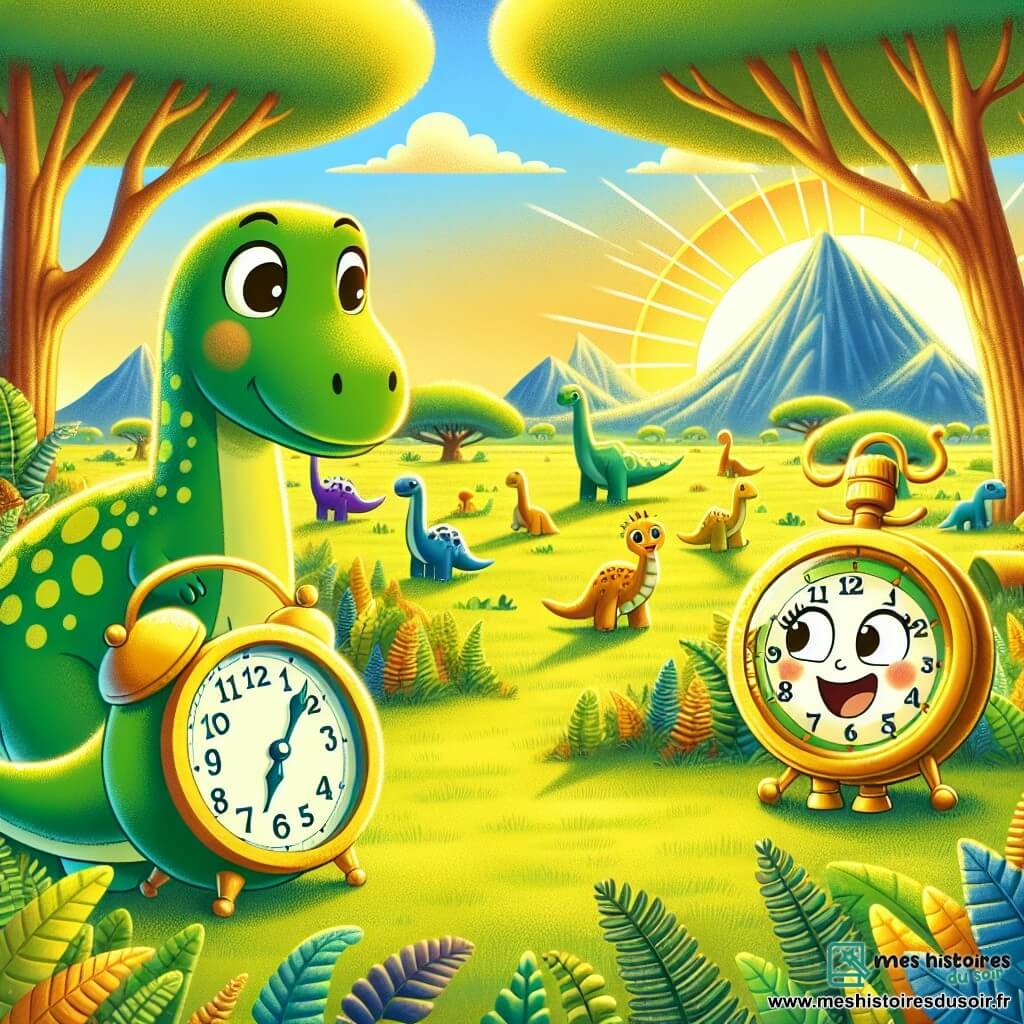 Tic-Tac, une petite horloge souriante aux aiguilles dorées, se tient devant une machine à voyager dans le temps, ses yeux brillants d'excitation. Elle est entourée de couleurs vives et de motifs amusants. À côté d'elle, un grand dinosaure vert à taches, avec un long cou et un sourire amical, l'observe curieusement. Ils se trouvent dans une prairie préhistorique, baignée de lumière dorée, avec des montagnes lointaines et un ciel bleu. Des dinosaures se déplacent paisiblement en arrière-plan. Tic-Tac explore le monde des dinosaures, discutant joyeusement avec son nouvel ami qui lui montre les merveilles de son époque.