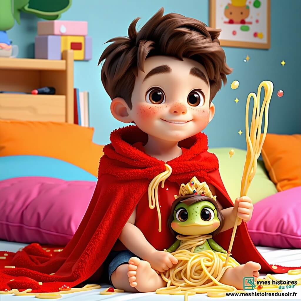 Un petit garçon de 4 ans, Toto, porte une grande cape rouge et tient une baguette magique en spaghetti. Il sourit malicieusement, assis sur son lit entouré de coussins colorés, réfléchissant à une idée amusante pour réveiller le Royaume. À côté de lui, une grenouille en robe de princesse, avec une couronne dorée, saute joyeusement, impatiente de l'aider. La scène se déroule dans une chambre magique, remplie de jouets, de posters de dragons et de lampes en forme d'étoiles. Les murs sont bleus et un grand tapis en forme de nuage recouvre le sol. Toto, déterminé, se prépare à utiliser sa baguette pour créer une pluie de chaussettes colorées afin de réveiller les habitants du Royaume.