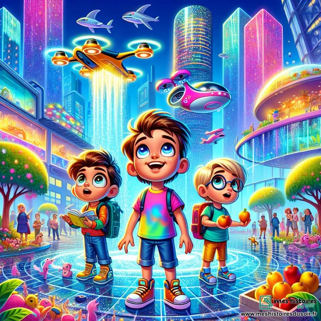 Dans la ville futuriste de Vélocité, trois garçons de sept ans se tiennent au centre d'une place animée. Tim, avec des cheveux ébouriffés, sourit en tenant une planche à roulettes volante. Max, portant des lunettes rondes, admire un drone distribuant des fruits, tandis que Léo, fasciné, observe un robot arrosant des plantes. La place est colorée, avec des gratte-ciels scintillants, des arbres flottants et des fontaines à bulles de savon. Des hologrammes de dauphins nagent au-dessus d'eux, créant une ambiance magique. Les amis découvrent les merveilles du quartier expérimental et s'apprêtent à entrer dans une bulle interactive promettant des jeux et des énigmes fascinantes.