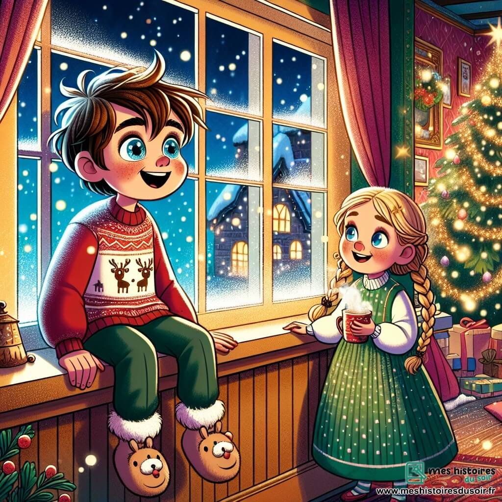 Un garçon de 7 ans, Félix, est assis sur le rebord d'une fenêtre, émerveillé par les flocons de neige. Il porte un pull rouge avec un motif de renne et des pantoufles en forme de lapin. À ses côtés, Clara, une petite fille de 6 ans avec de longs cheveux blonds tressés, sourit en tenant une tasse de chocolat chaud. Ils se trouvent dans un orphelinat chaleureux, décoré pour Noël, où règnent couleurs vives et rires d'enfants. Ils rêvent ensemble de la magie de Noël et de la joie à partager.