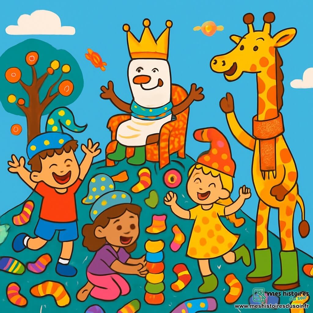 Quatre personnages sont présents : Léon, un garçon de 6 ans aux cheveux bruns en bataille, en t-shirt rouge et short bleu, riant les bras en l'air ; Zoé, une fille de 6 ans avec des cheveux blonds tressés, en robe à pois jaunes et chaussettes vert fluo, dansant avec une sucette ; Maxine, une fille de 6 ans avec des cheveux châtains bouclés, en t-shirt violet et pantalon rose, accroupie en train de construire une tour de chaussettes colorées ; et Madame Topinambour, une girafe en bottes de pluie avec une écharpe à paillettes, qui les encourage. La scène se déroule au sommet d'une montagne recouverte de chaussettes multicolores, avec un Grand Arbre à Bonbons et un ciel bleu éclatant. Les enfants participent à un concours de chapeaux-chaussettes, chacun portant un chapeau amusant, tandis que le Roi des Chaussettes les observe, créant une ambiance joyeuse et pleine de rires.