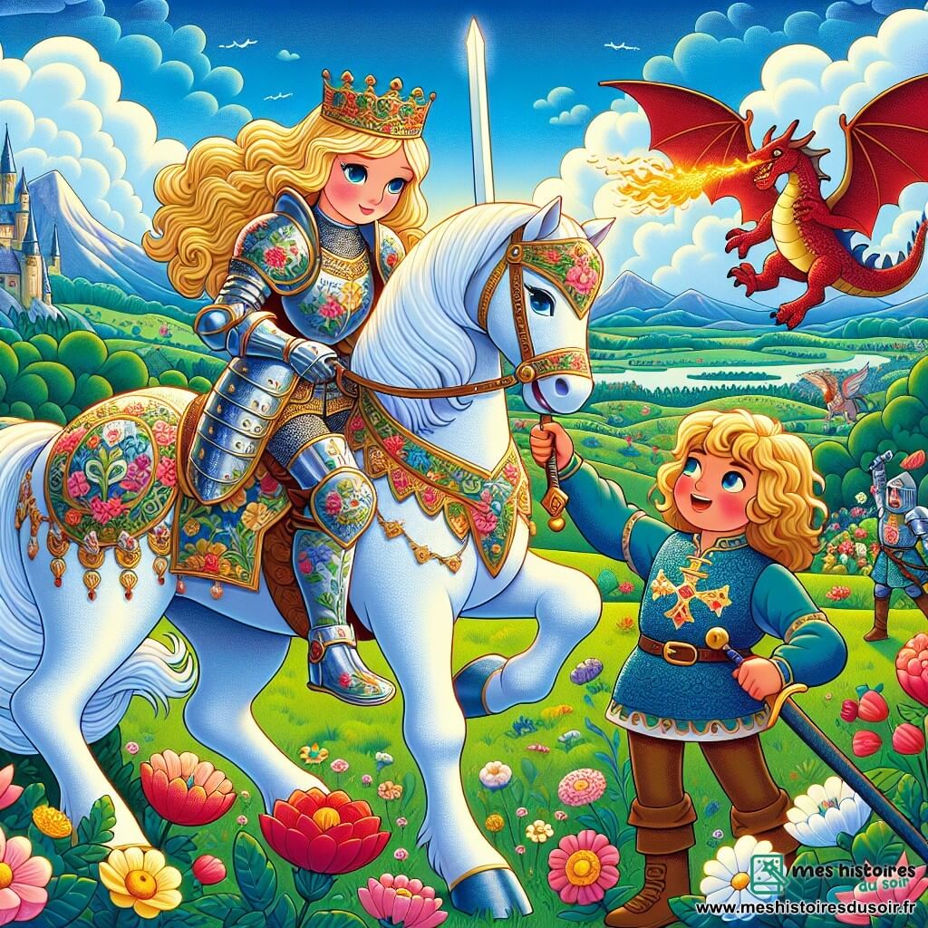 Dame Lila, une chevaleresse courageuse, se tient fièrement sur son cheval blanc, vêtue d'une armure brillante et d'un casque doré. Son visage exprime détermination et gentillesse. À ses côtés, un jeune écuyer de 10 ans, avec des cheveux bouclés, tient une lance, prêt à l'assister. Le décor est un champ verdoyant avec des fleurs colorées et un ciel bleu. Au loin, un dragon menaçant aux écailles rouges souffle des flammes. Dame Lila, prête à défendre son village, lève son épée magique vers le dragon, tandis que l'écuyer l'encourage.