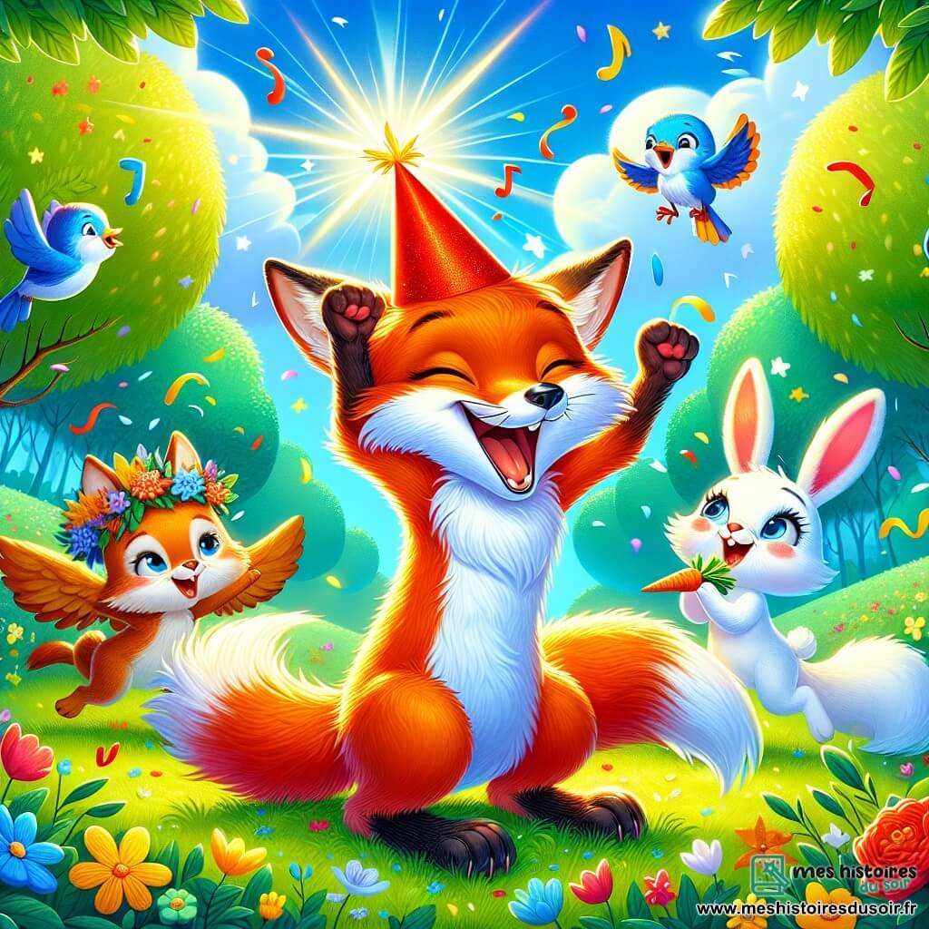 Un renard aux poils orange vif et à la queue touffue, portant un chapeau rouge brillant, danse joyeusement pour son anniversaire, entouré de ses amis. Un petit oiseau bleu aux plumes scintillantes vole autour de lui en chantant, tandis qu'un lapin blanc aux grandes oreilles, tenant une carotte, rit et applaudit à ses côtés. La scène se déroule dans une clairière verdoyante sous un ciel bleu, créant une ambiance festive et joyeuse.