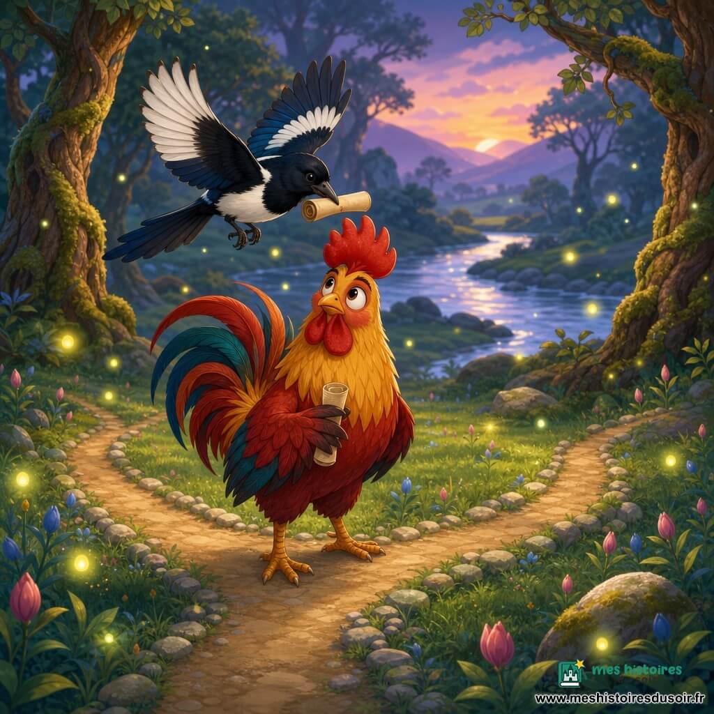 Un coq au plumage rouge et or, crête haute et regard déterminé mais inquiet, tient un petit parchemin; la pie Coquette, plumage noir et blanc aux reflets bleus, vole au-dessus de son épaule en montrant le parchemin; des lucioles jaunes et vertes scintillent autour; la scène se déroule dans la Clairière des Lueurs — herbe basse, boutons de fleurs roses et bleus, troncs moussus et une rivière argentée; le coq hésite à un carrefour de trois sentiers bordés de menthe et de pierres blondes tandis que la pie indique le chemin, sous une douce lumière crépusculaire, ambiance de début d'aventure.