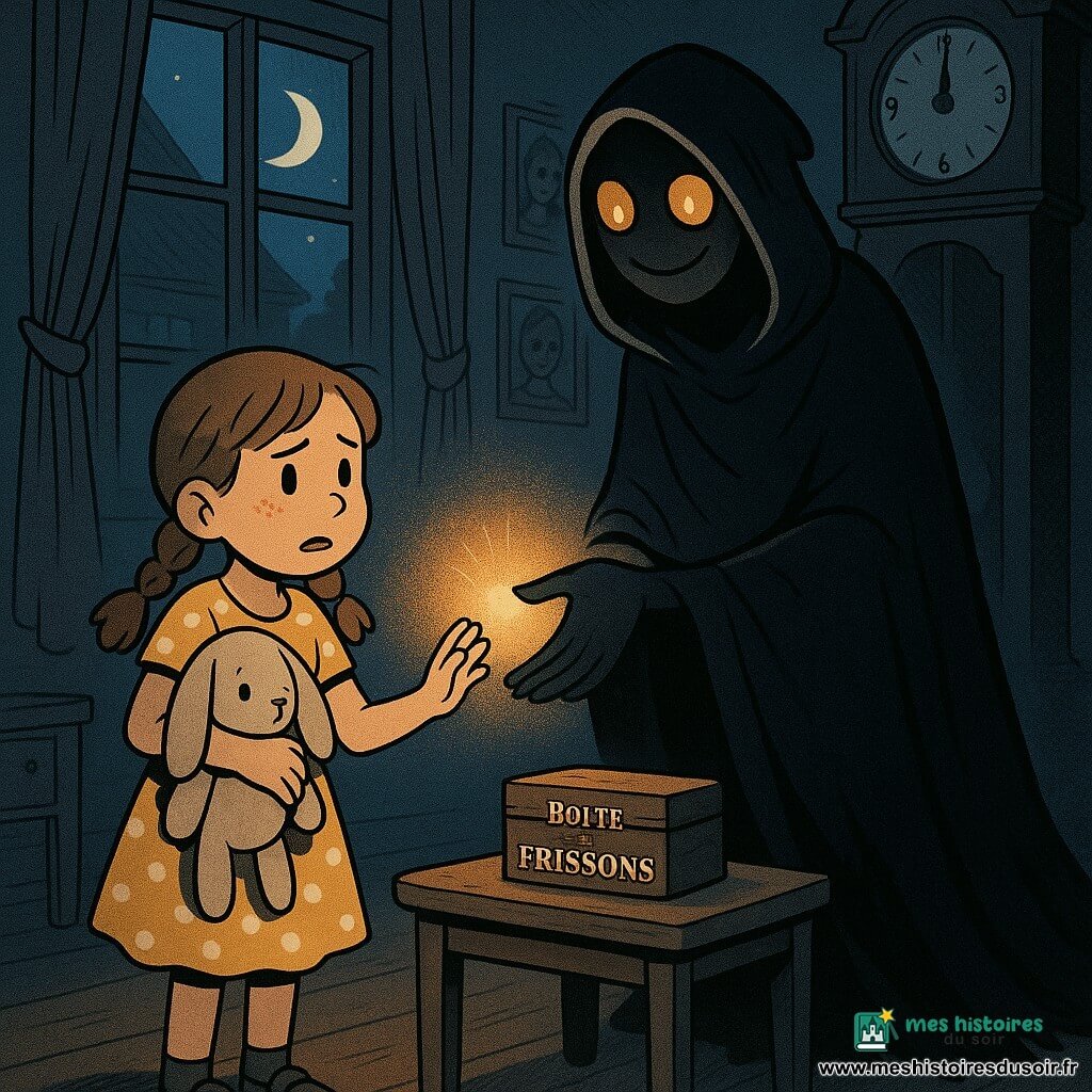 Léonie, 8 ans, châtain en deux tresses, robe jaune à pois blancs, serre son lapin en tissu Lapinou tandis que la grande Gardienne des Frayeurs, drapée d'une cape noire effilochée, aux yeux cuivrés lumineux et au sourire doux, lui tend la main devant une vieille horloge ; une petite boîte en bois « Boîte à Frissons » est posée sur une table entre elles, elles se touchent la paume et une lumière chaude jaillit, éclairant un salon ancien aux planchers craquants, rideaux poussiéreux et lune bleutée, créant une rencontre nocturne à la fois tendre et inquiétante.