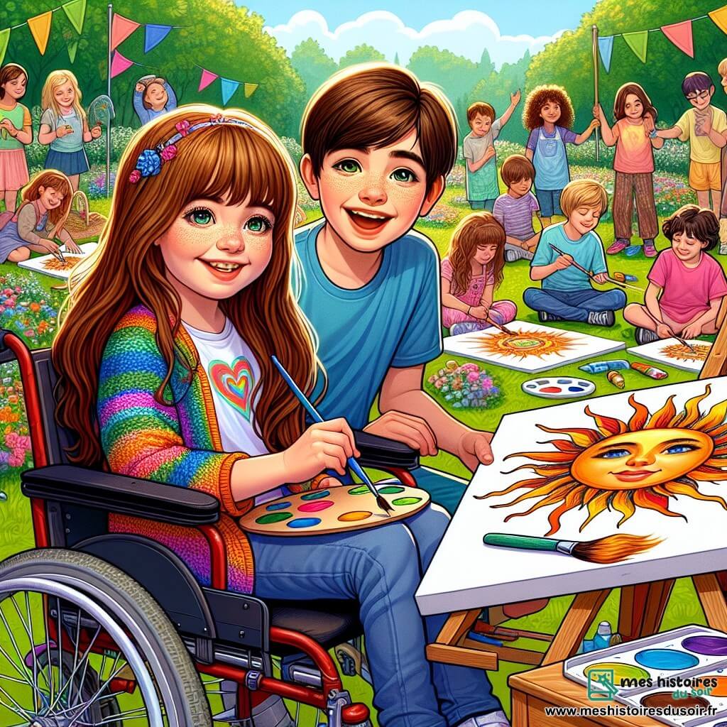 Au premier plan, Marie, une fille de 12 ans en fauteuil roulant, sourit joyeusement en peignant un grand soleil sur une toile. À ses côtés, Lucas, un garçon de 13 ans également en fauteuil roulant, l'encourage tout en tenant une palette de couleurs vives. En arrière-plan, un groupe d'enfants de différents âges s'amuse autour de tables de peinture dans un parc ensoleillé, entouré d'arbres et de fleurs. L'ensemble crée une atmosphère festive célébrant la créativité et l'amitié.