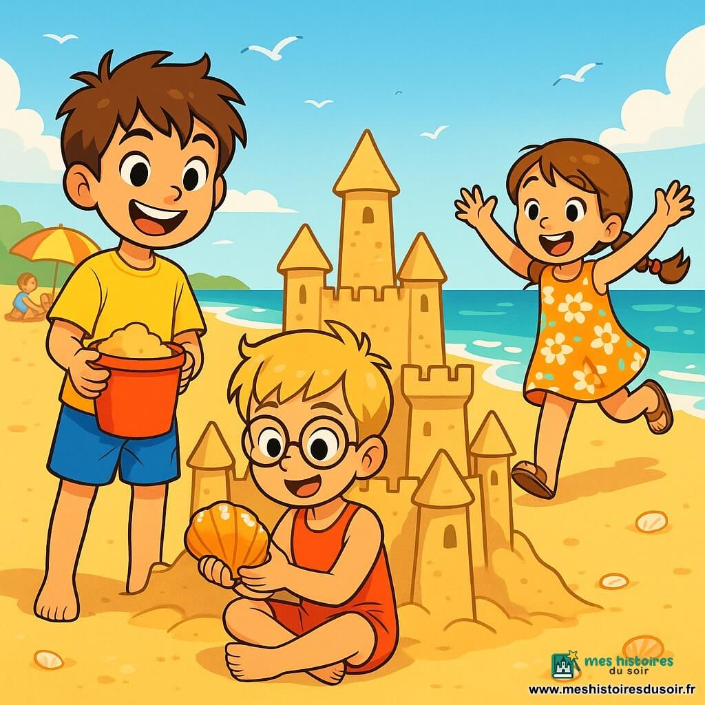 Trois personnages sont présents : Lucas, un garçon de 10 ans aux cheveux bruns, portant un short de bain bleu et un t-shirt jaune, souriant avec un seau de sable ; Mathis, également âgé de 10 ans, avec des cheveux blonds et des lunettes rondes, assis sur le sable en tenue de baignade rouge, tenant un coquillage brillant ; et Élise, une fillette de 6 ans aux cheveux châtains, vêtue d'une robe à fleurs, courant joyeusement vers l'eau. L'action se déroule sur une plage ensoleillée avec du sable doré, des vagues turquoise, des parasols colorés et des enfants jouant au loin. Lucas et Mathis construisent un château de sable, tandis qu'Élise cherche des coquillages, créant une atmosphère joyeuse et estivale.
