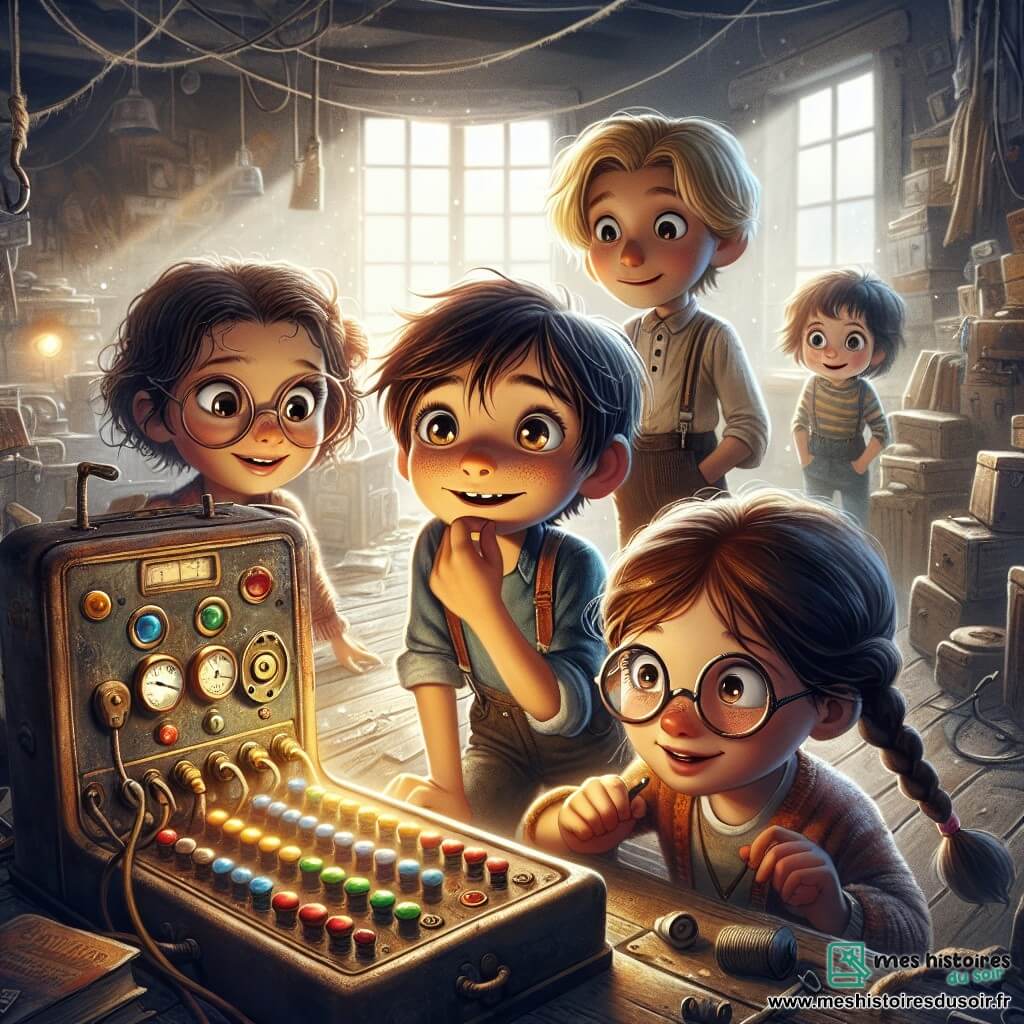 Dans un vieux grenier poussiéreux, quatre amis, Léo, Mia, Sam et Clara, se tiennent ensemble autour d'une grande boîte en métal ornée de boutons colorés. Léo, émerveillé, observe la machine, tandis que Mia, curieuse, s'approche avec un sourire. Sam, amusant, fait une grimace en se penchant pour appuyer sur un bouton, et Clara examine attentivement les détails avec un outil à la main. Le grenier, rempli de vieux objets et baigné d'une douce lumière dorée, crée une atmosphère mystérieuse. Les enfants sont impatients d'activer la machine à voyager dans le temps, prêts pour des aventures à travers les âges.