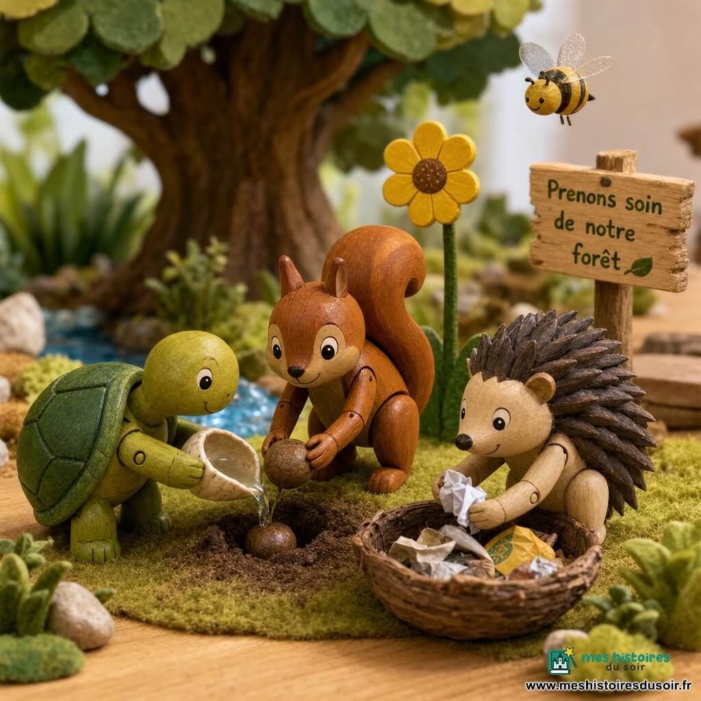 Petit diorama de jouets en bois montrant Noisette, un petit écureuil brun-orange au visage souriant, qui plante une graine dans un mini trou pendant qu’une tortue à carapace verte l’arrose doucement avec une coquille et qu’un hérisson aux piquants sombres ramasse un déchet pour le déposer dans un panier en écorce ; en arrière-plan une fleur jaune et une abeille en vol, un grand chêne peint, un ruisseau en résine bleue, herbes en feutre et pierres miniatures, le tout évoquant entraide et écologie dans un style doux, enfantin et chaleureusement éclairé.