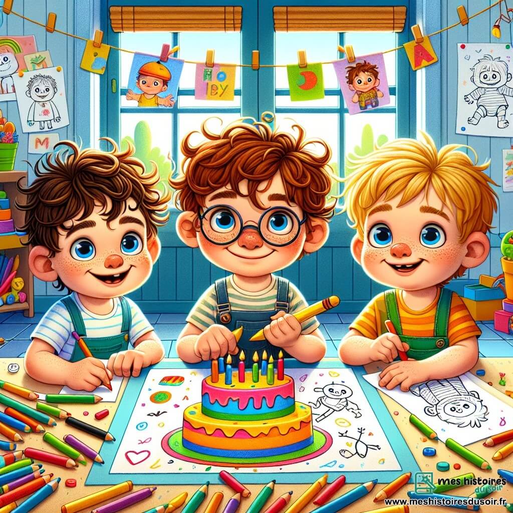 Trois garçons de trois ans se tiennent autour d'une table colorée : Max, aux cheveux bruns et bouclés, sourit avec un crayon jaune. À sa droite, Léo, blond avec des lunettes rondes, dessine un gros gâteau avec des bougies. À gauche, Tom, aux cheveux châtains et aux yeux pétillants, dessine un bonhomme souriant. La scène se déroule dans une pièce lumineuse, décorée de dessins et de jouets, avec une fenêtre ouverte laissant entrer la lumière. Ils préparent un cadeau spécial pour la fête des pères, mettant leurs dessins dans une enveloppe colorée, remplis d'excitation et d'amour pour leur papa.