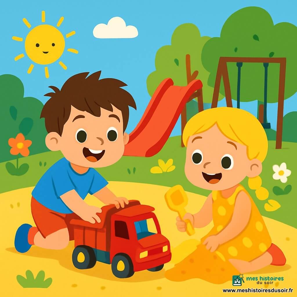 Léo, un petit garçon de 4 ans aux cheveux bruns en bataille et au sourire éclatant, joue dans un parc ensoleillé. Vêtu d'un t-shirt bleu vif et d'un short rouge, il pousse un camion rouge dans le sable doré, rayonnant de joie. À ses côtés, Inès, une petite fille de 4 ans avec des cheveux blonds tressés et une robe jaune à pois, utilise une pelle en plastique jaune pour creuser. Le parc est verdoyant, avec des arbres et des fleurs colorées, et un toboggan rouge et une balançoire en arrière-plan. Léo et Inès s'amusent à remplir le camion de sable, riant et partageant des moments complices, illustrant la beauté de l'amitié.