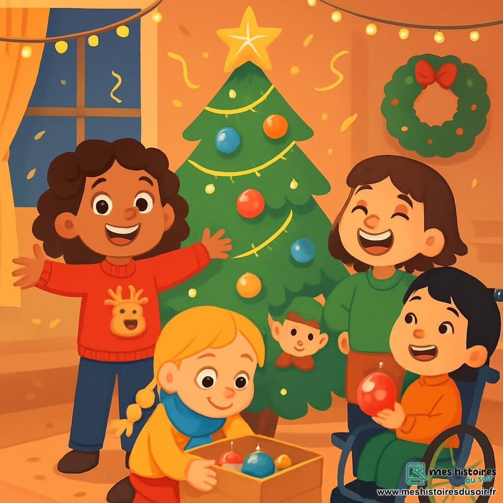 Quatre enfants sont présents : Zoé, une fille aux cheveux bruns et bouclés, portant un pull rouge avec un renne, se tient debout devant le sapin. Mia, aux cheveux blonds tressés et avec une écharpe bleue, est accroupie près d'une boîte de décorations. Jade, avec des cheveux châtains et un pull vert, rit à côté de Zoé. Lina, aux cheveux courts et noirs, sourit dans un fauteuil roulant décoré, tenant une boule de Noël. Le salon est chaleureux, rempli de lumières et de décorations de Noël, avec un grand sapin orné d'une étoile dorée. Les enfants rient en cherchant l'étoile, tandis qu'un lutin farceur les observe derrière le sapin.