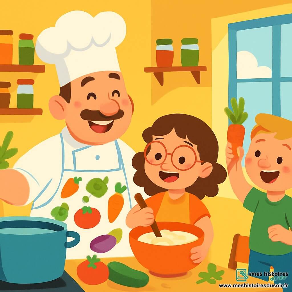 Le Chef Léo, jovial avec sa toque blanche et son tablier à motifs de légumes, sourit en montrant une grande casserole fumante. À ses côtés, Clara, une petite fille de 7 ans aux cheveux bouclés et lunettes rondes, mélange une pâte dans un bol. Lucas, un garçon de 6 ans aux cheveux blonds et taches de rousseur, se tient sur une chaise avec une carotte qu'il montre fièrement. Le bistro, chaleureux avec des murs jaunes et des étagères d'épices colorées, est éclairé par la lumière du soleil. Léo et les enfants cuisinent ensemble, riant et créant une atmosphère joyeuse.