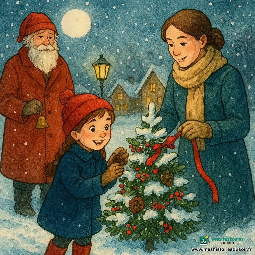 Une fillette de 8 ans au regard émerveillé, cheveux châtain en tresses, bonnet à pompon, manteau bleu marine et bottes rouges, penchée et souriante en accrochant pommes de pin et baies rouges sur un petit sapin enneigé; à droite sa mère (environ 30–35 ans) au regard tendre, écharpe beige et gants tricotés, tenant un ruban rouge brillant pour l’aider; à gauche un vieil homme nommé Samuel, gardien de la forêt, en long manteau rouge, grosse barbe blanche, bottes en cuir et petite cloche métallique, souriant sous un halo de lune; décor : coin de village enneigé au crépuscule avec maisons en bois aux toits blancs, lampadaires anciens diffusant une lumière chaude et flocons poudreux tombant doucement; scène centrée sur la fille décorant l’arbre, décorations improvisées (rubans rouges, pommes de pin, baies) contrastant avec la neige, atmosphère douce et magique, perspective rapprochée avec textures d’encre et lavis de couleur.