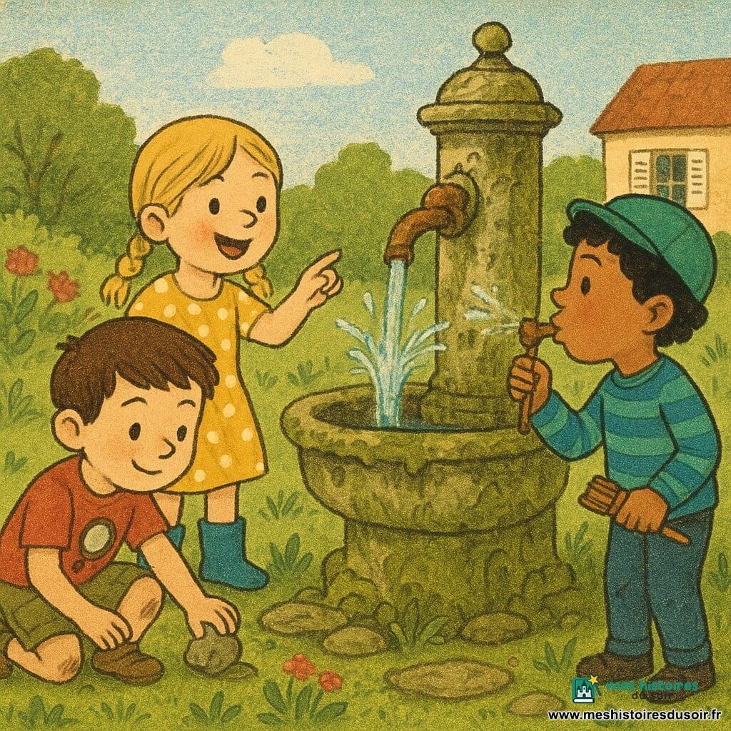 Trois enfants — deux garçons de 6 ans et une fille de 5 ans — dans le jardin de leur grand‑mère : herbe verte, fleurs rouges et violettes, une vieille fontaine en pierre couverte de mousse et d’algues devant une petite maison; ils réparent ensemble la fontaine, un filet d’eau jaillit d’un tuyau rouillé, éclaboussures brillantes et visages joyeux.